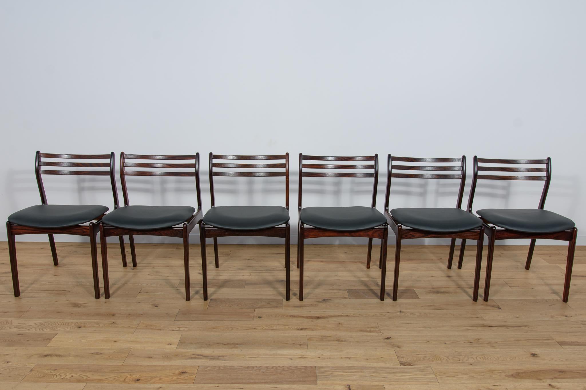 
A set of six chairs designed by Vestervig Eriksen for the Danish manufacture Brdr. Tromborg in the 1960s. Chairs with a beautiful, unique form, testifying to the high craftsmanship of design and workmanship, characteristic of Danish design from the