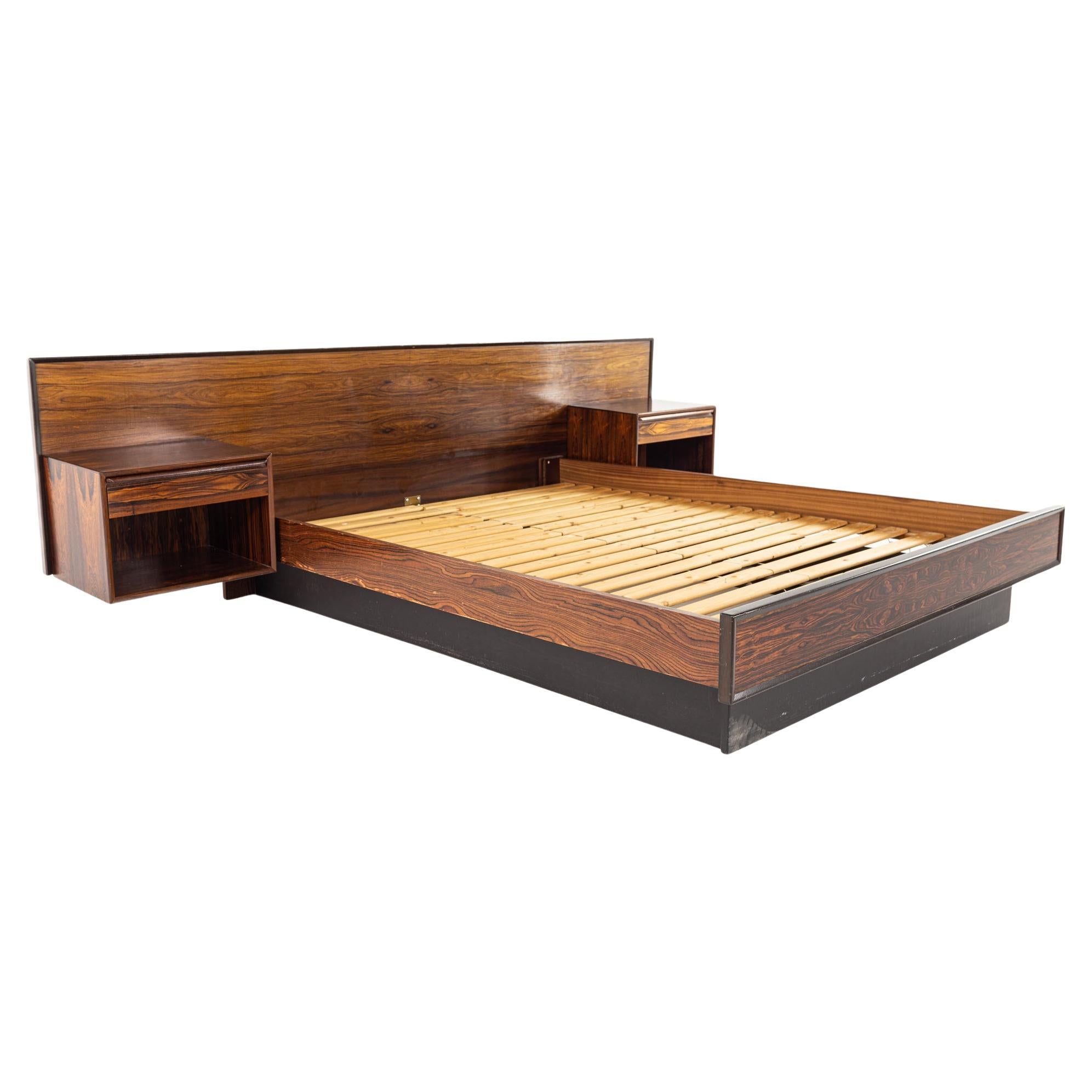 Mid Century Rosewood King Platform Bed with Floating Nightstands