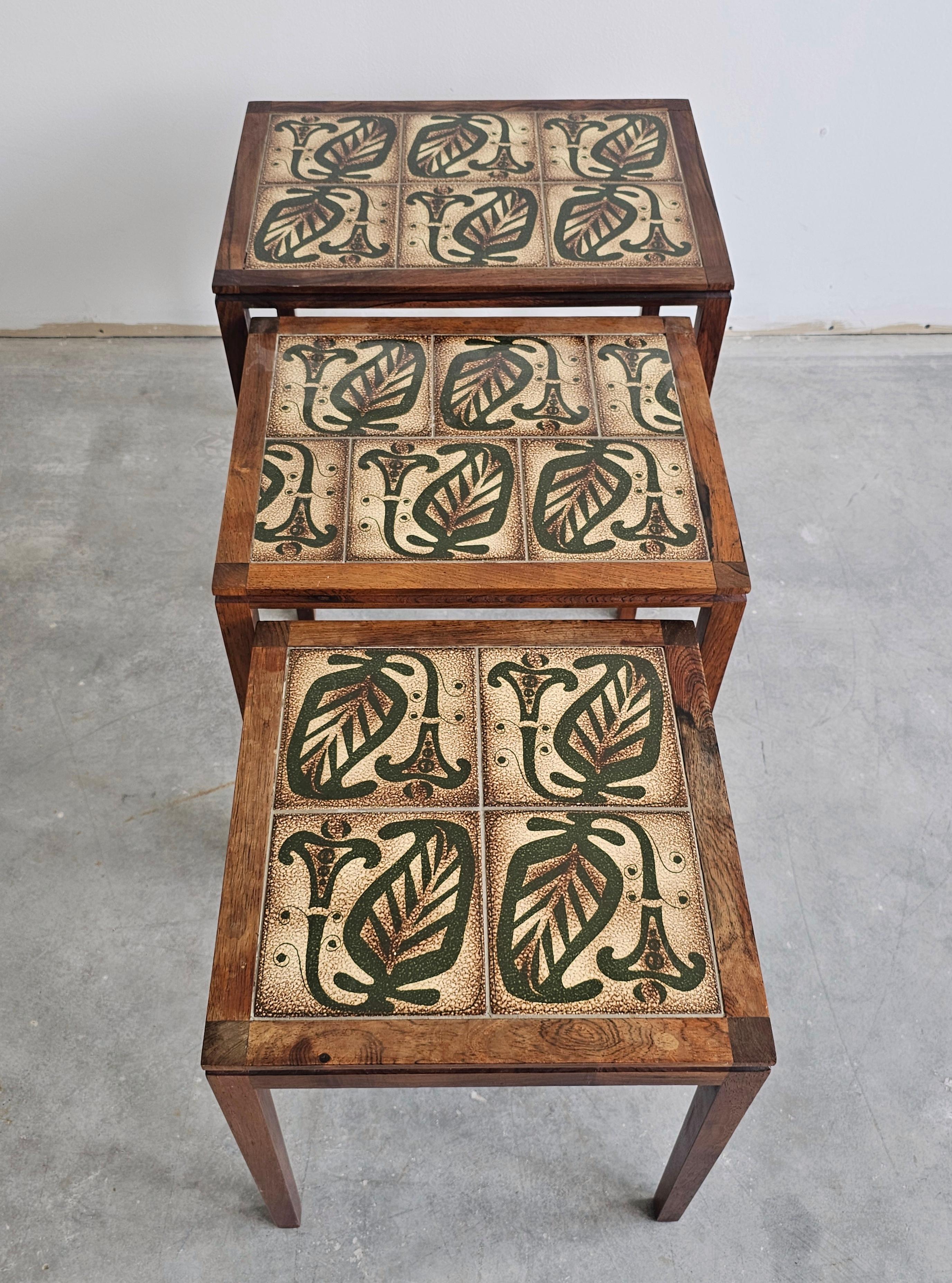 Mid Century Rosewood Nesting Tables with Tiles Top, set of 3, Denmark 1960s 4