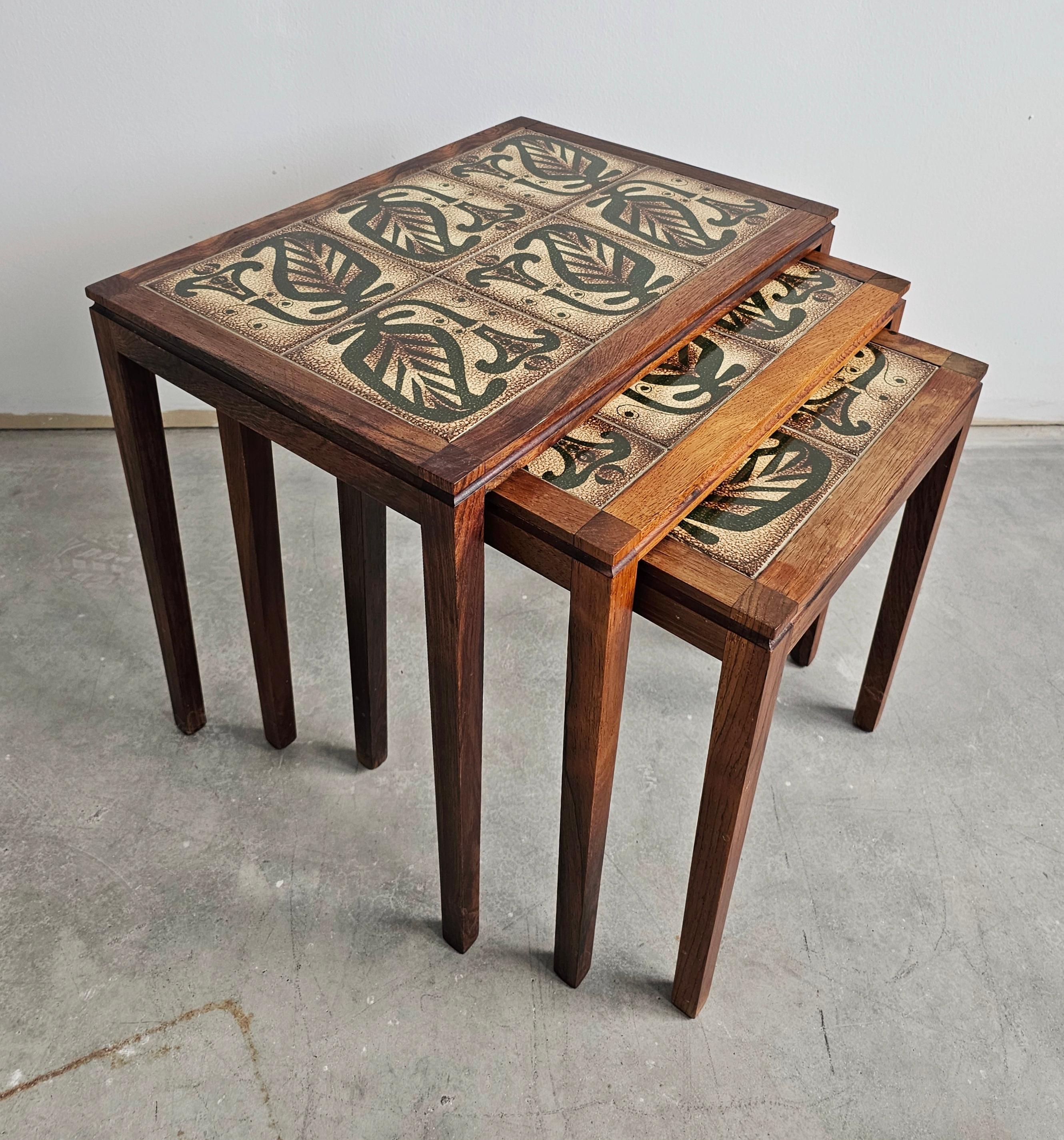 Mid-Century Modern Mid Century Rosewood Nesting Tables with Tiles Top, set of 3, Denmark 1960s