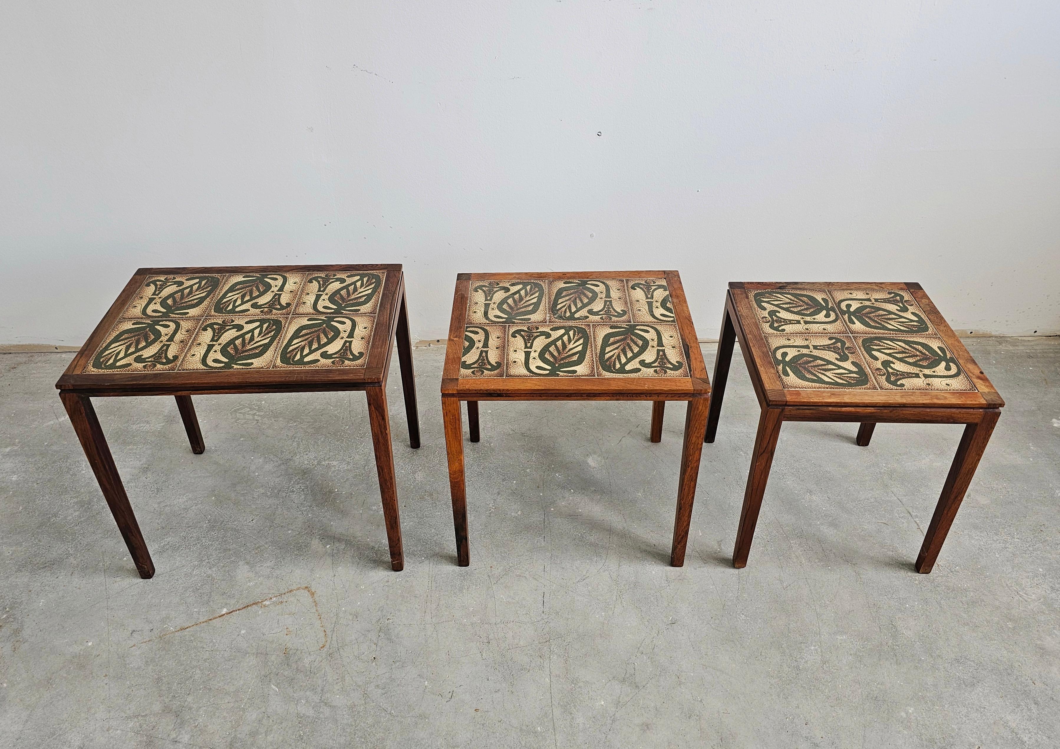 Ceramic Mid Century Rosewood Nesting Tables with Tiles Top, set of 3, Denmark 1960s