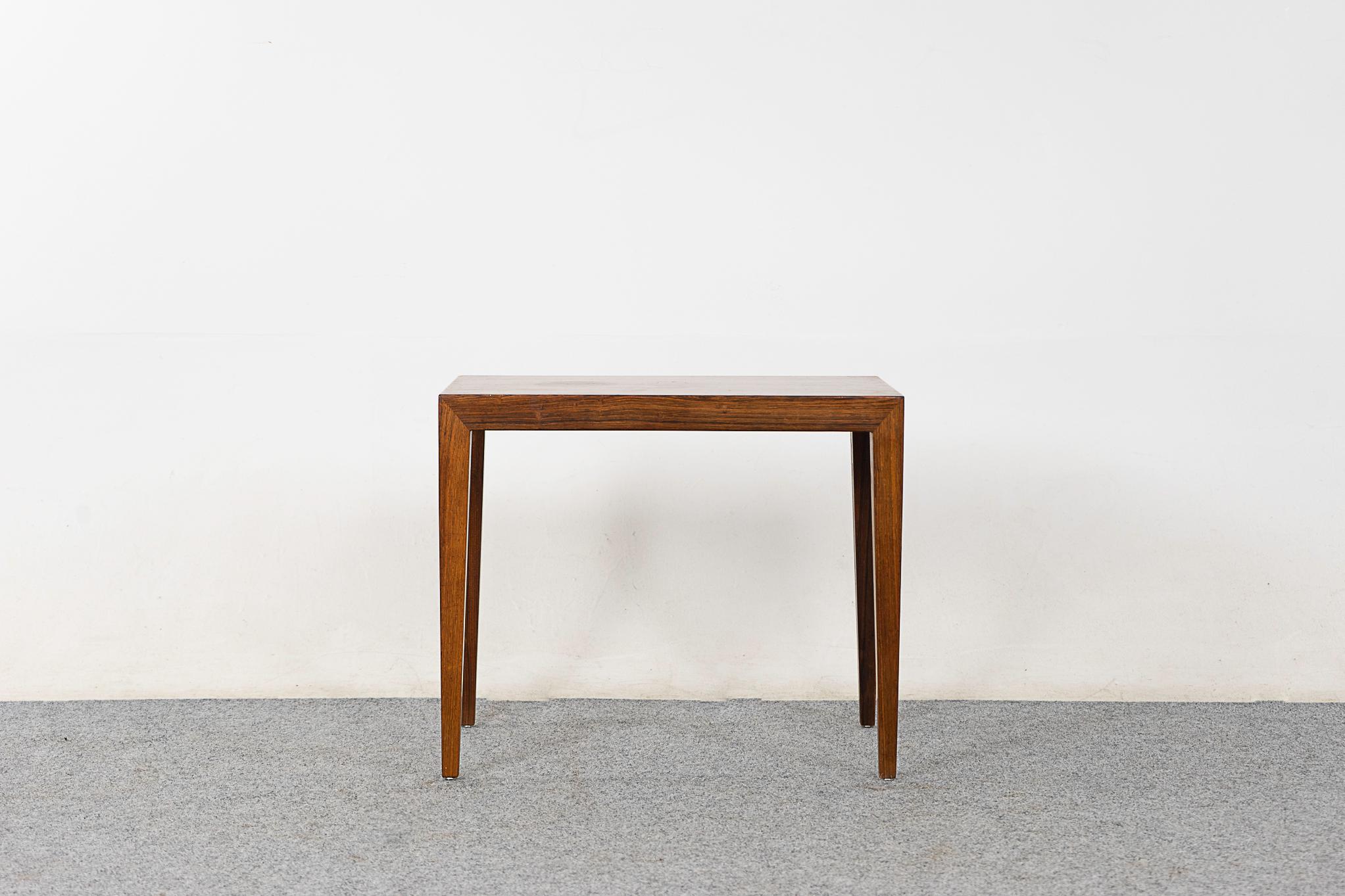 Rosewood mid-century side table by Severin Hansen for Haslev, circa 1960's. Slick corner joinery detailing, beautiful grain pattern up top!

Unrestored item with option to purchase in restored condition for an additional $100 USD. Restoration