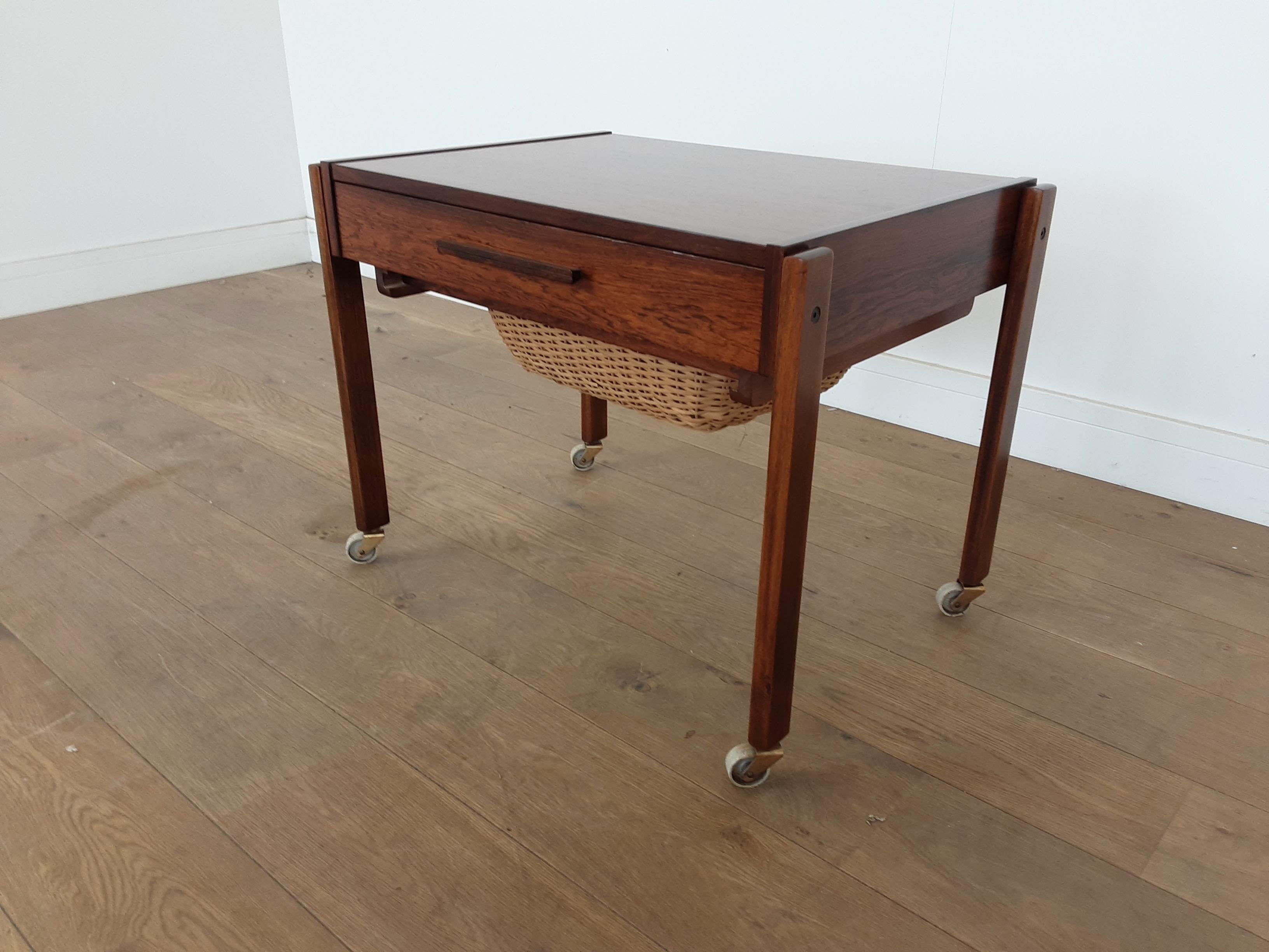 British Midcentury Rosewood Table with Sectioned Drawer and Storage Basket For Sale