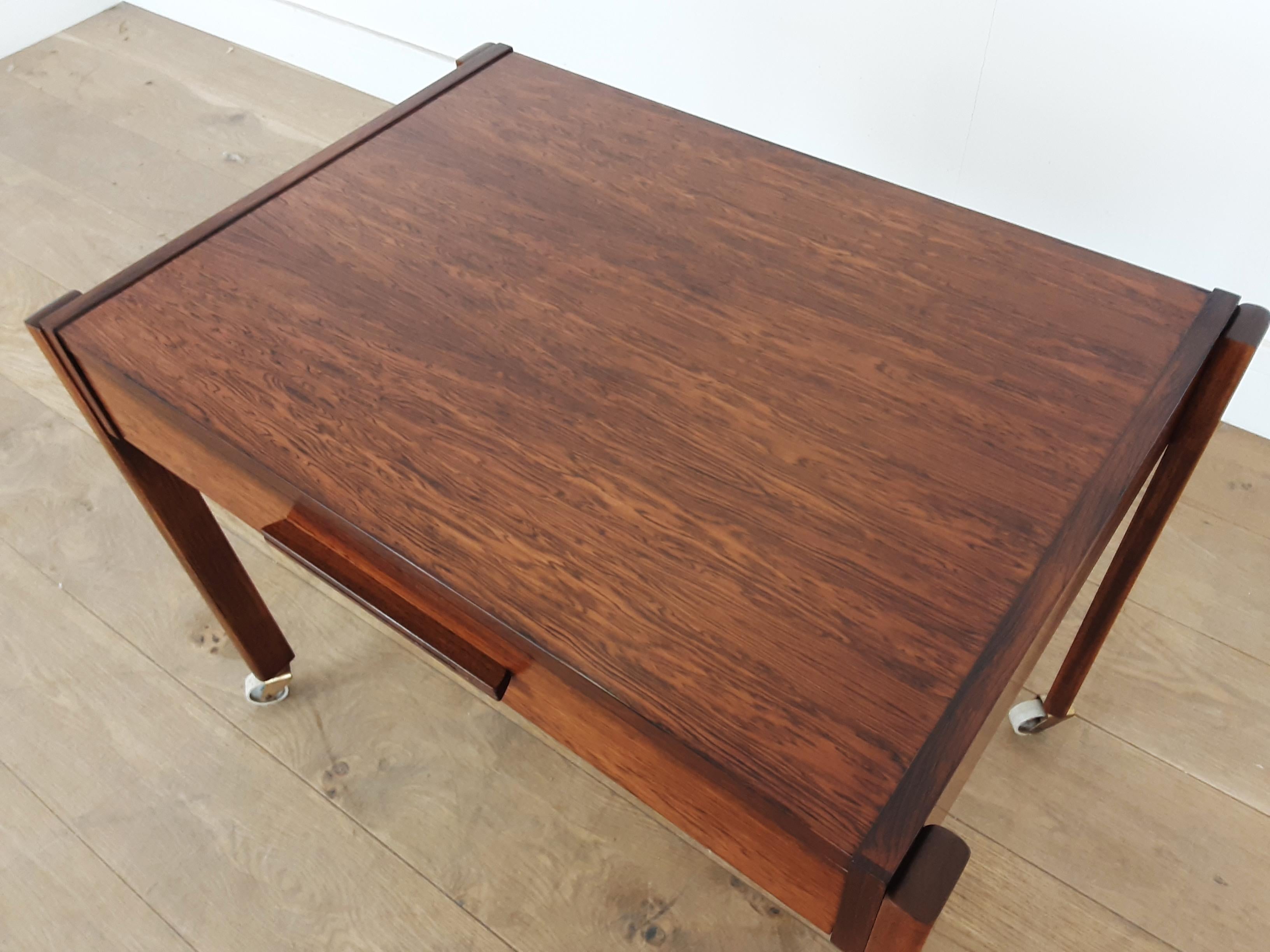20th Century Midcentury Rosewood Table with Sectioned Drawer and Storage Basket For Sale