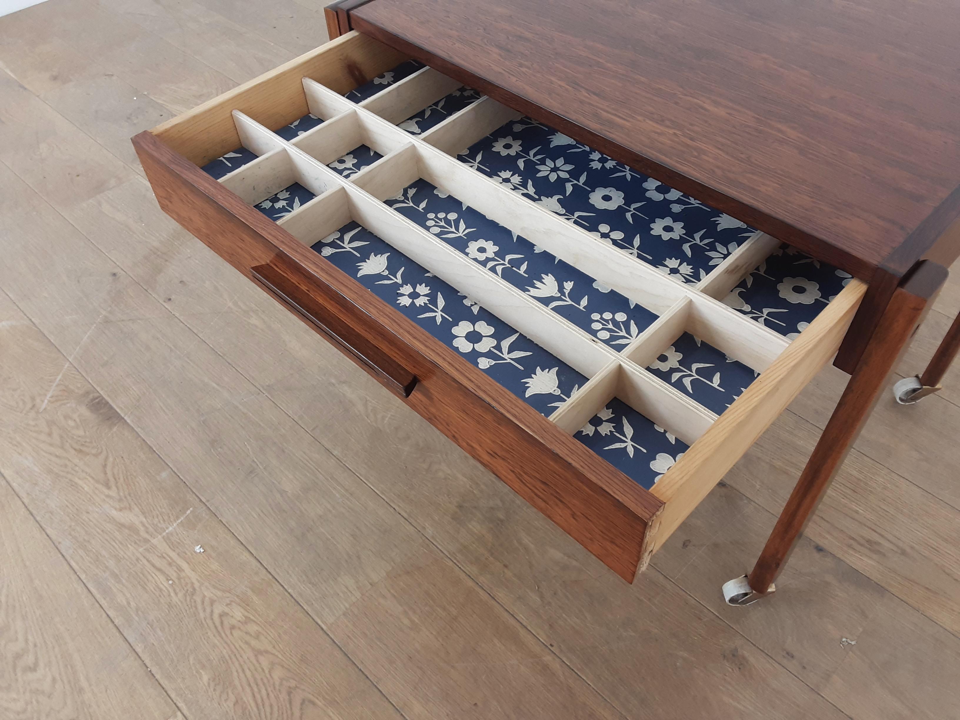 Midcentury Rosewood Table with Sectioned Drawer and Storage Basket For Sale 1