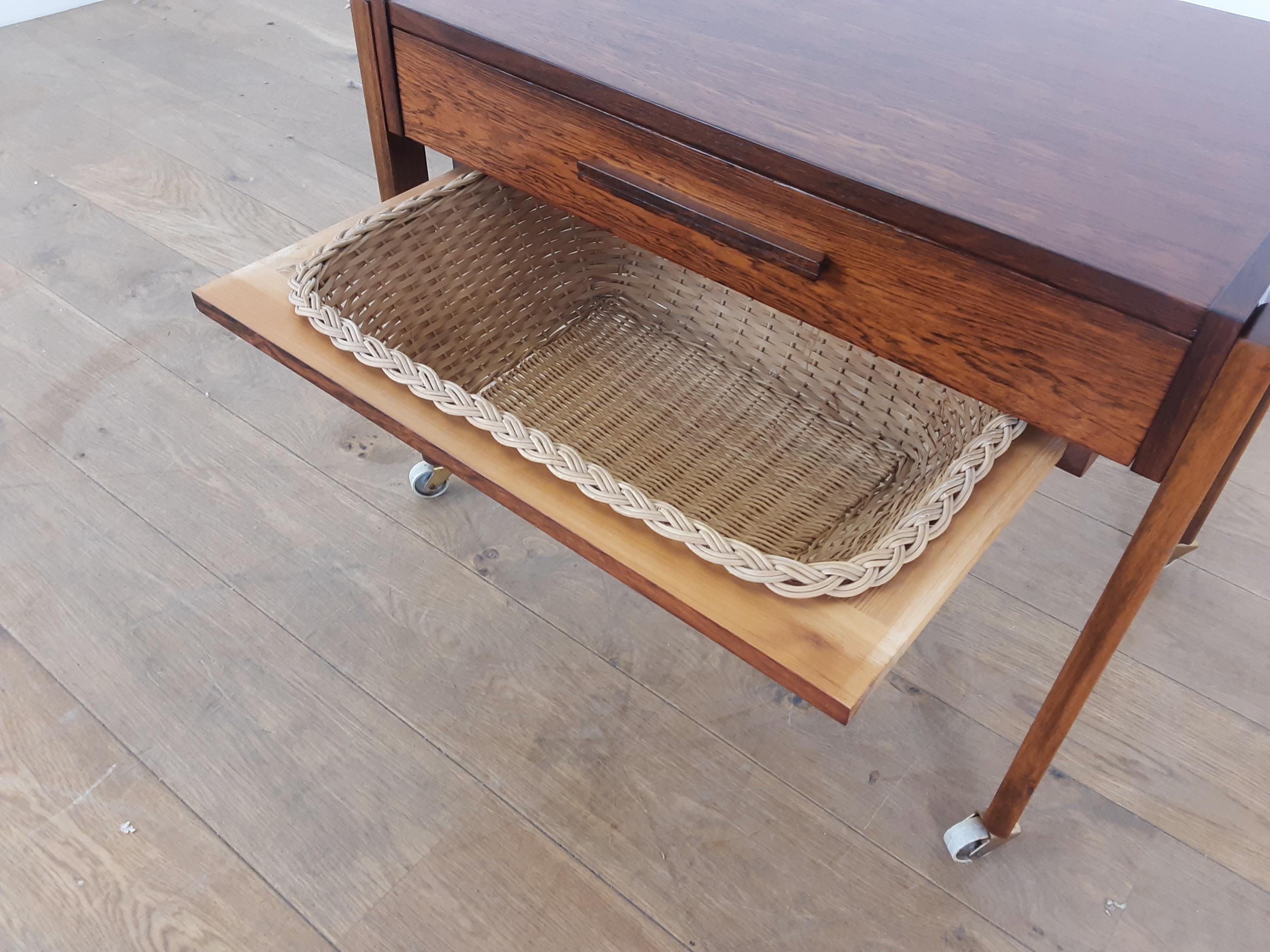 Midcentury Rosewood Table with Sectioned Drawer and Storage Basket For Sale 2