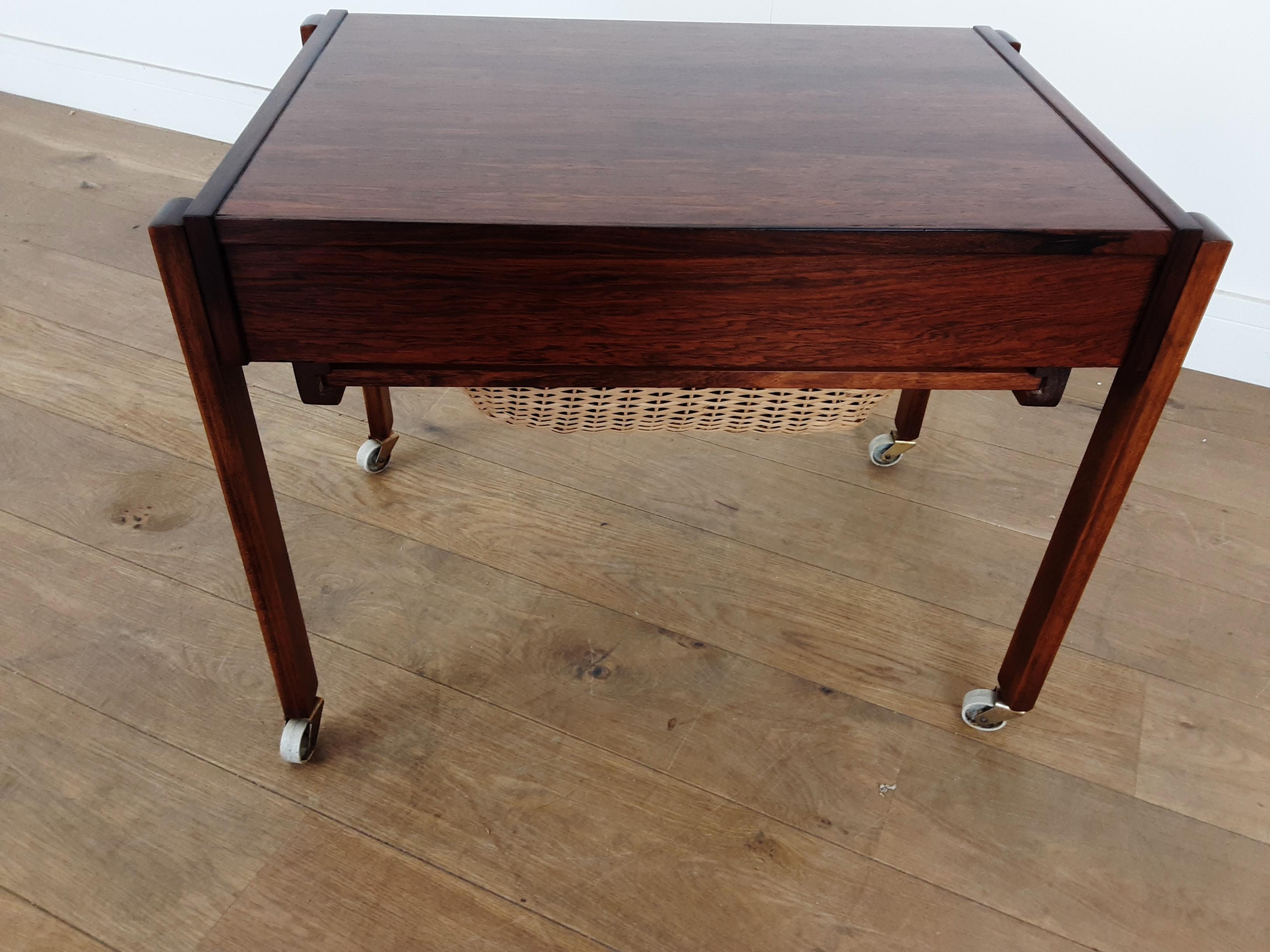 Midcentury Rosewood Table with Sectioned Drawer and Storage Basket For Sale 3