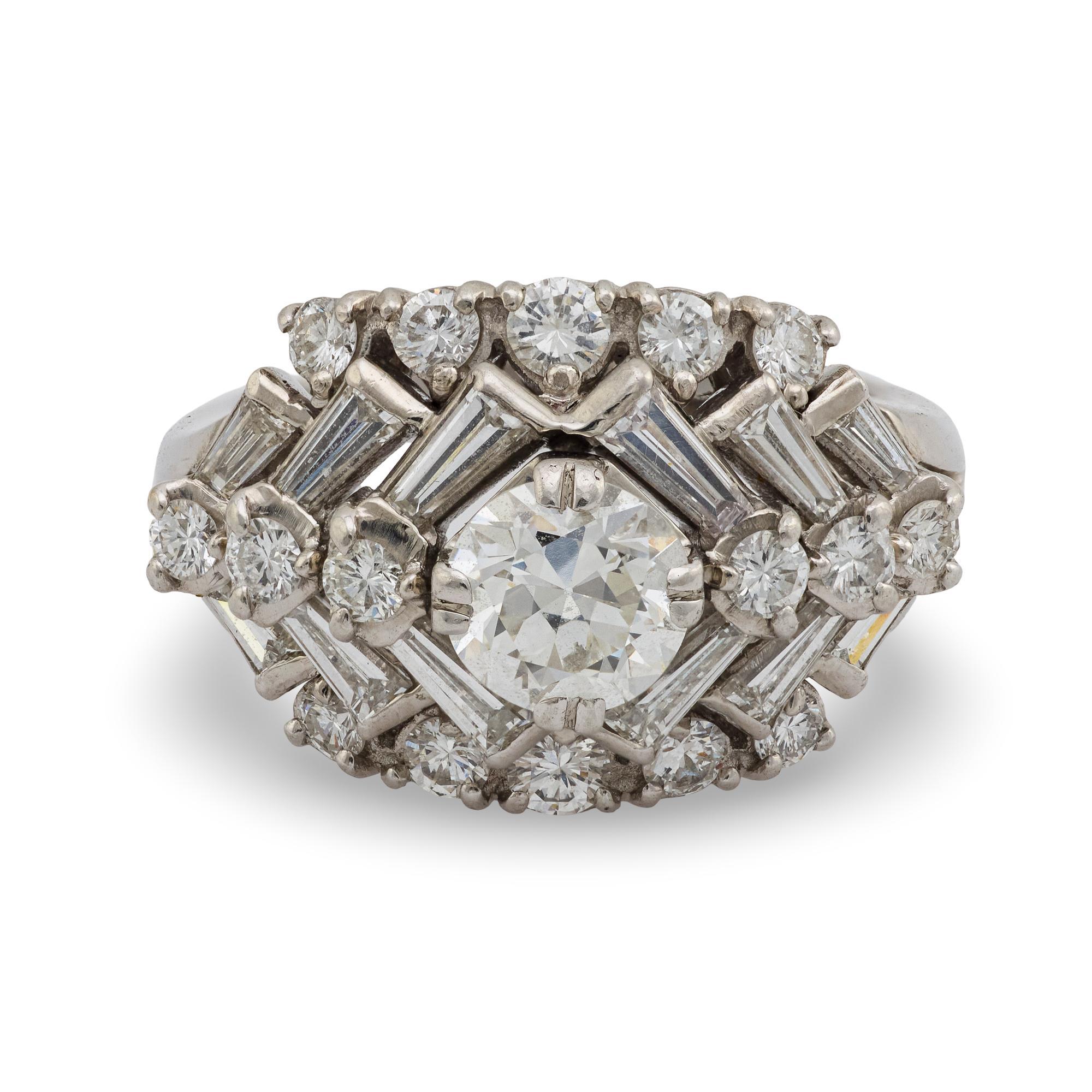 Old European Cut Mid Century round and baguette diamond platinum cocktail ring For Sale