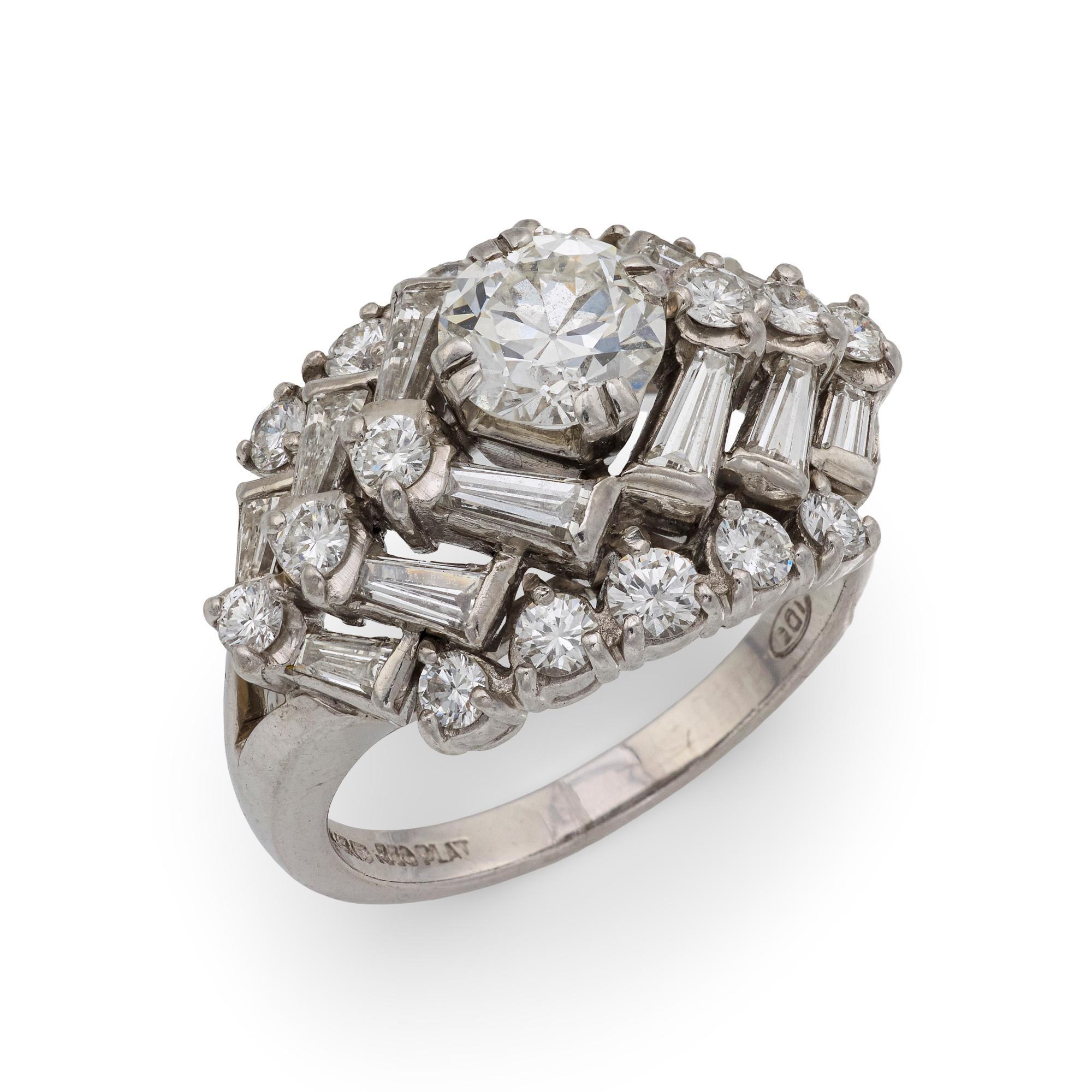 Mid Century round and baguette diamond platinum cocktail ring For Sale