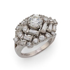 Mid Century round and baguette diamond platinum cocktail ring