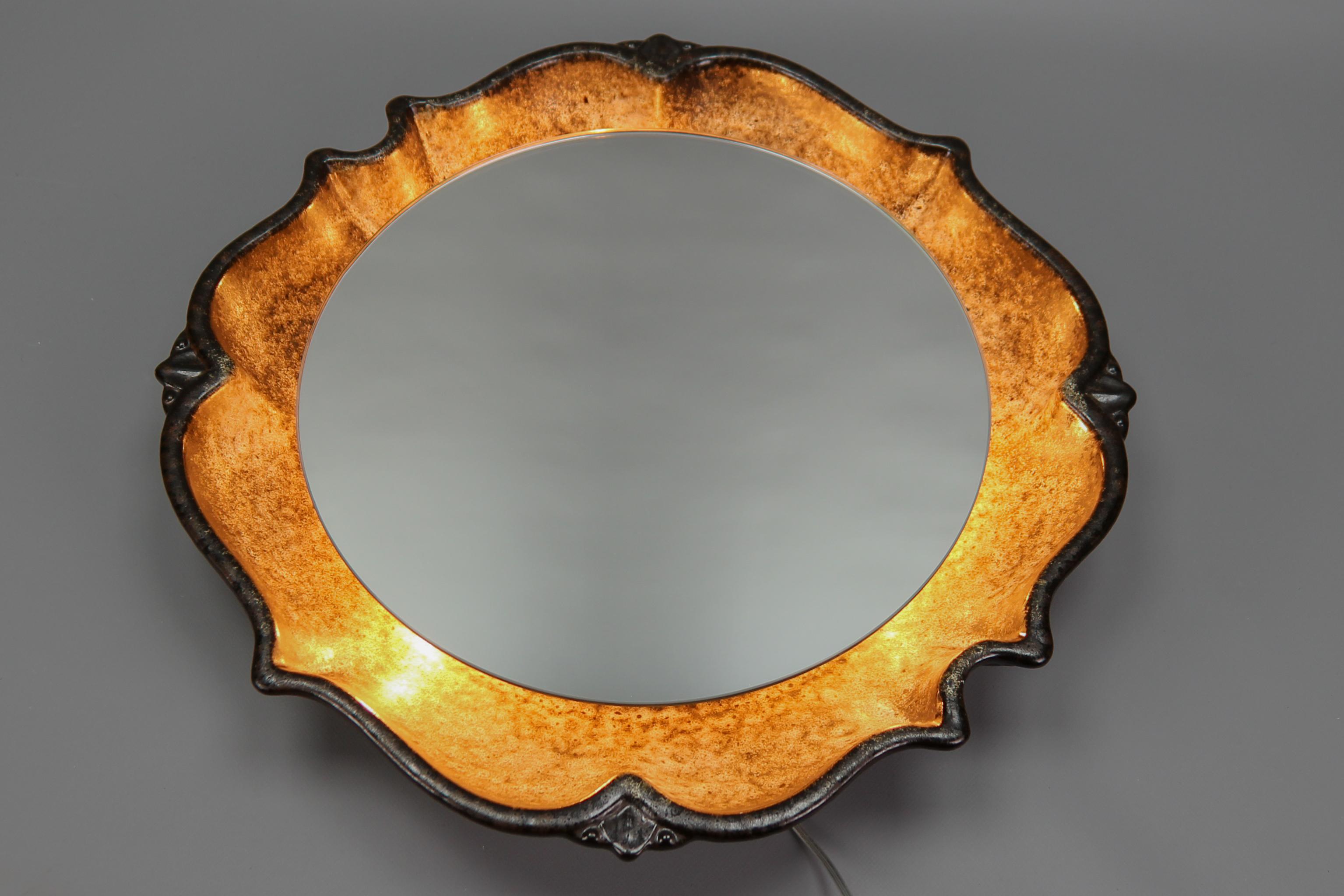 Mid-Century Round Backlit Brown Ceramic Wall Mirror, Germany, 1970s For Sale 4