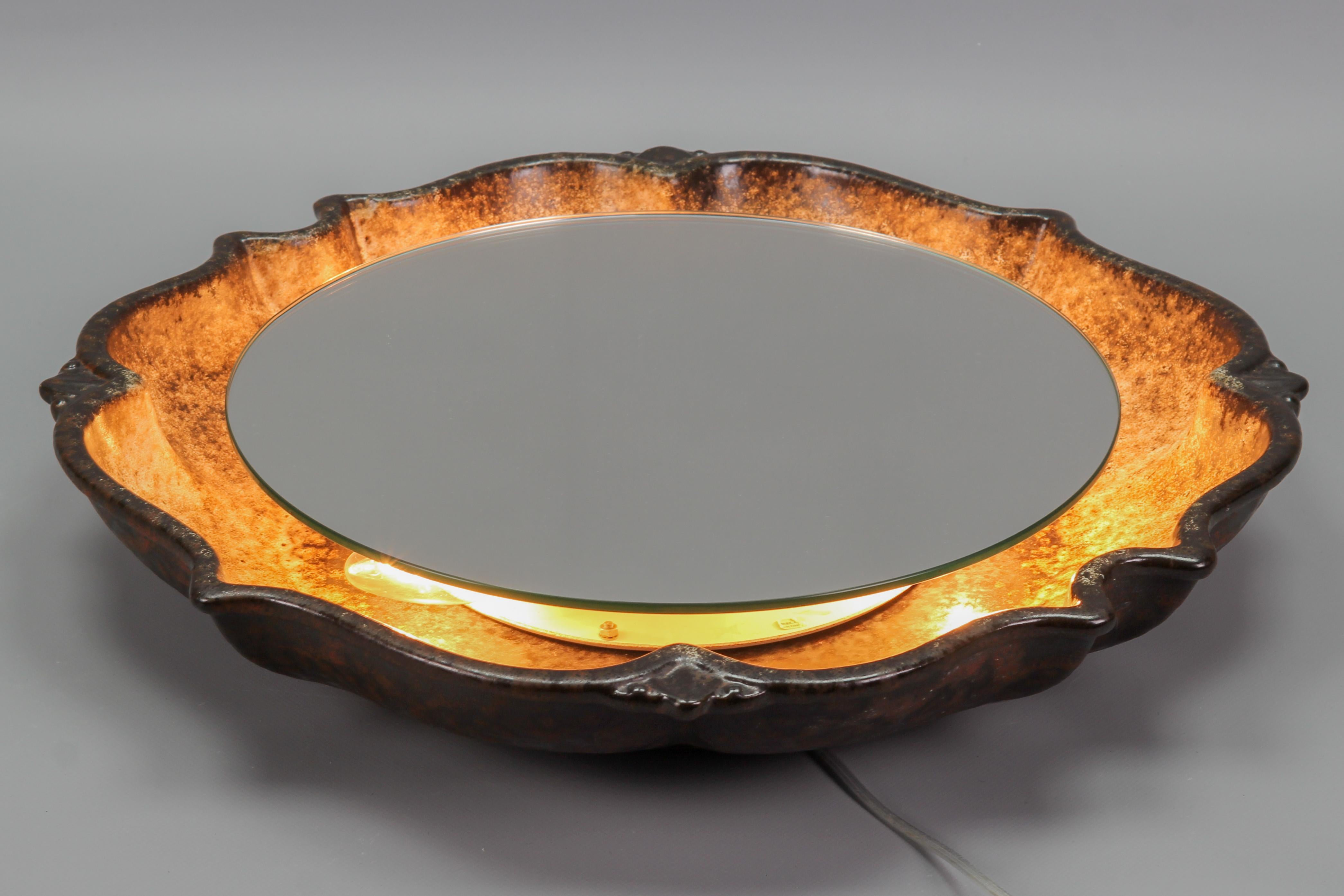 Mid-Century Round Backlit Brown Ceramic Wall Mirror, Germany, 1970s For Sale 5
