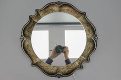 Mid-Century Round Backlit Brown Ceramic Wall Mirror, Germany, 1970s