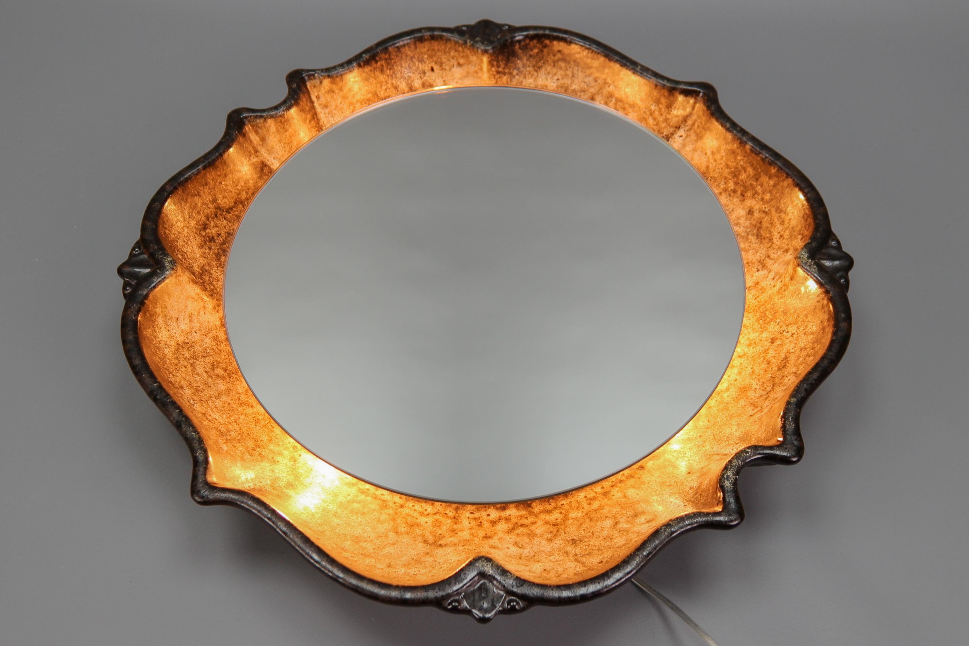 Late 20th Century Mid-Century Round Backlit Brown Ceramic Wall Mirror, Germany, 1970s For Sale