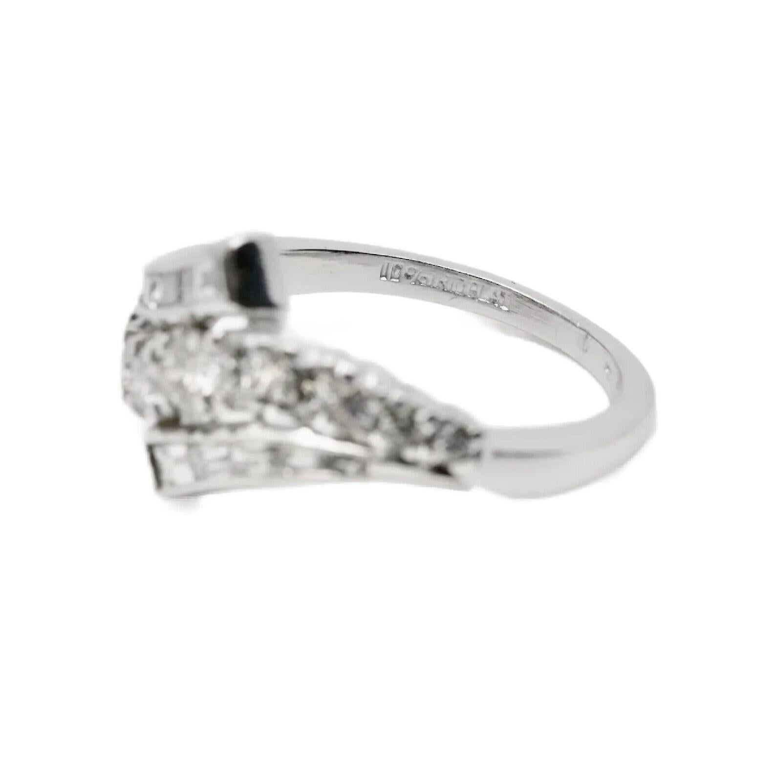 Round Cut Mid Century Round & Baguette Cut Diamond Bypass Ring in Platinum For Sale