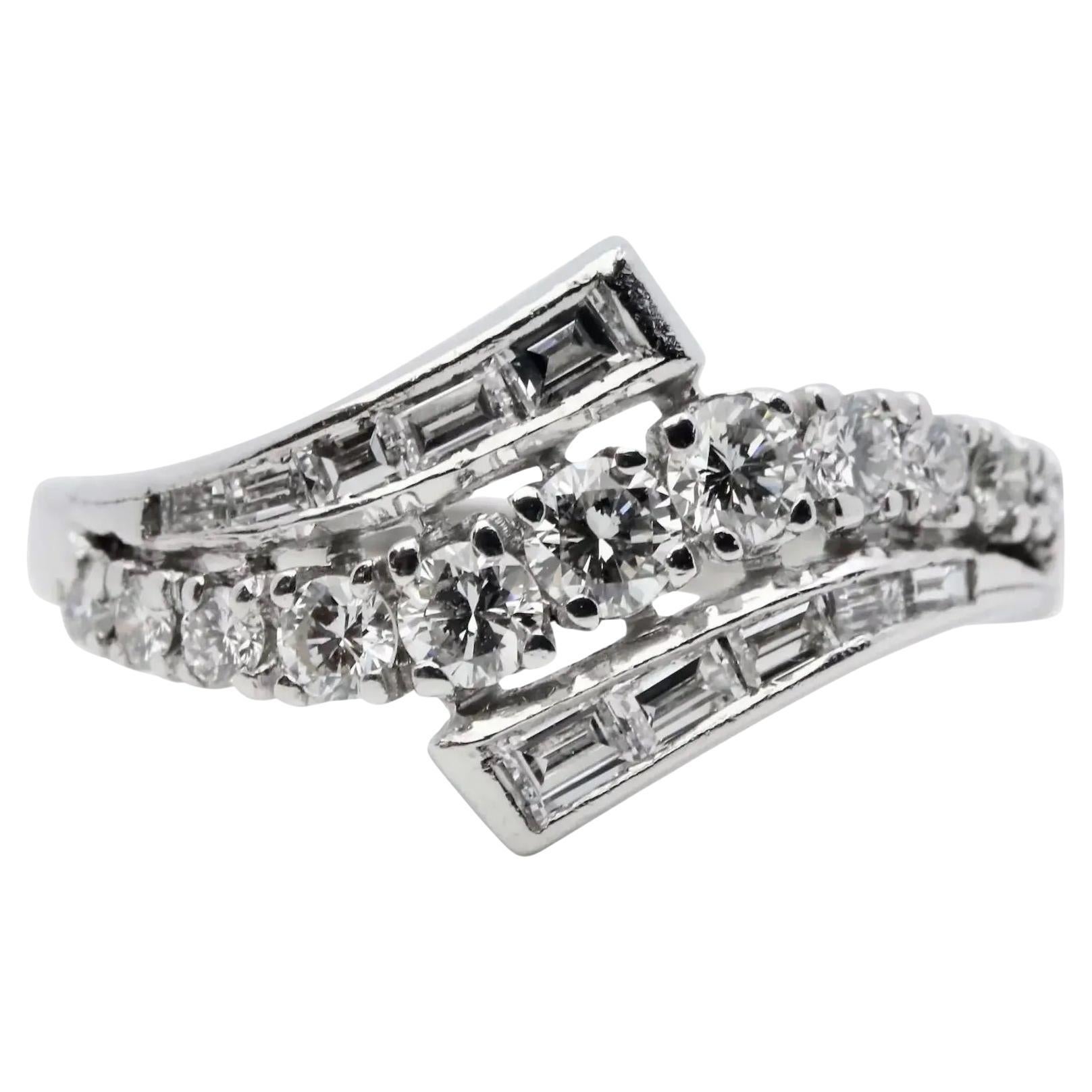 Mid Century Round & Baguette Cut Diamond Bypass Ring in Platinum For Sale
