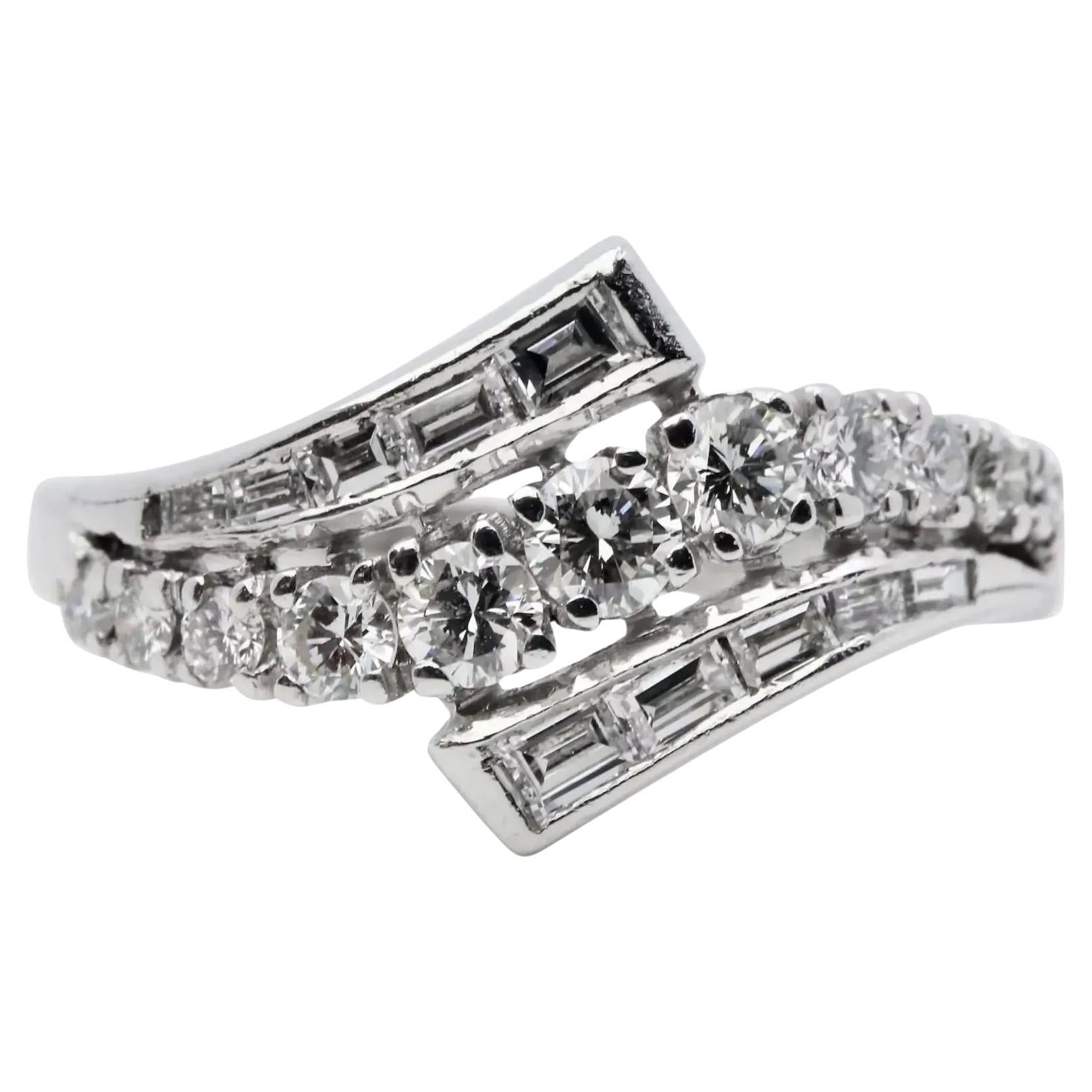 Mid Century Round & Baguette Cut Diamond Bypass Ring in Platinum