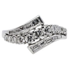 Vintage Mid Century Round & Baguette Cut Diamond Bypass Ring in Platinum