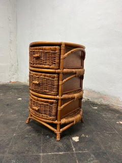 Mid Century Round Bamboo and Wicker Side Table