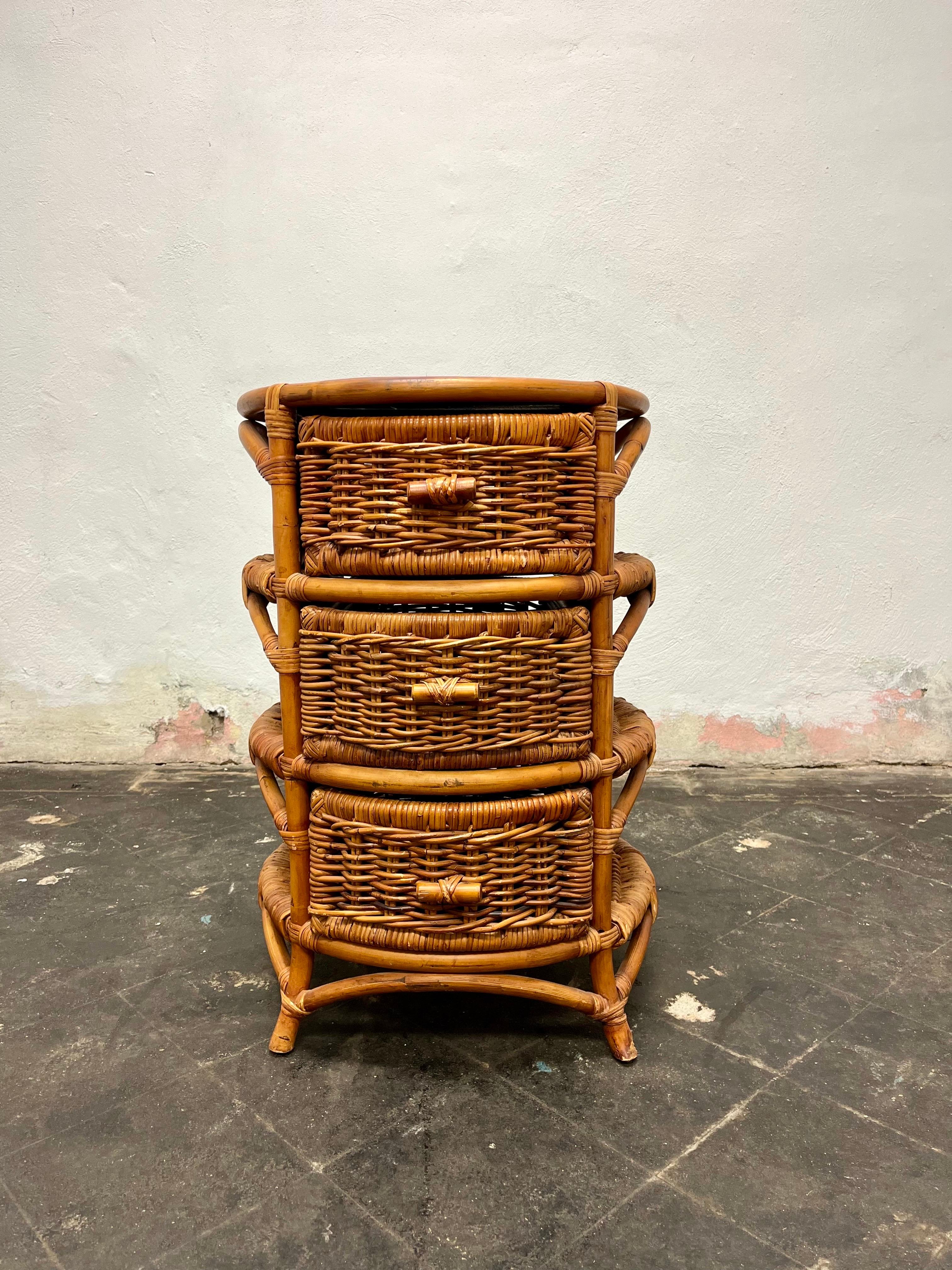 Bohemian Mid Century Round Bamboo and Wicker Side Table For Sale