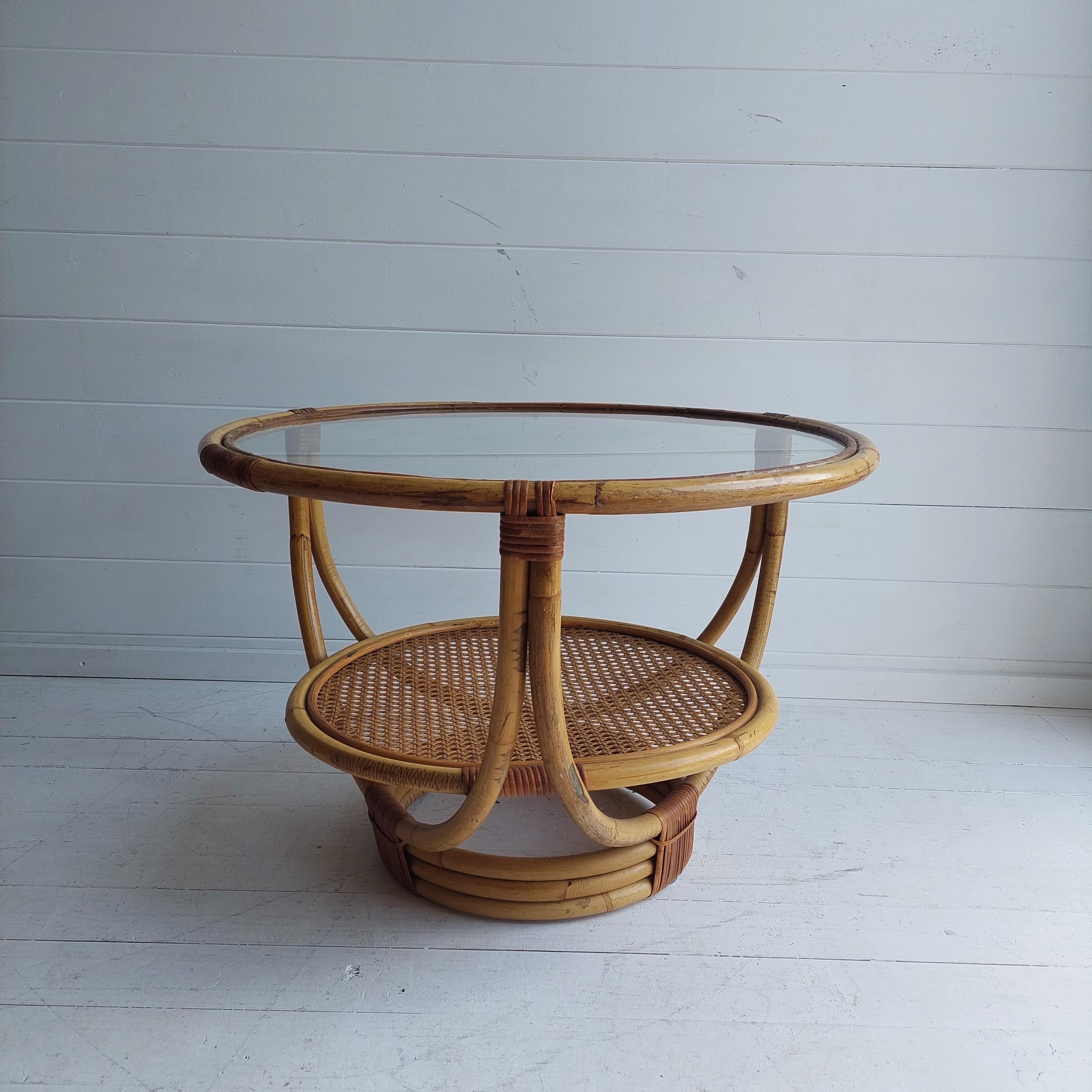 Mid-Century Modern Mid Century Round Bamboo Coffee Table Glass Top and Rattan Cane Undershelf 60s