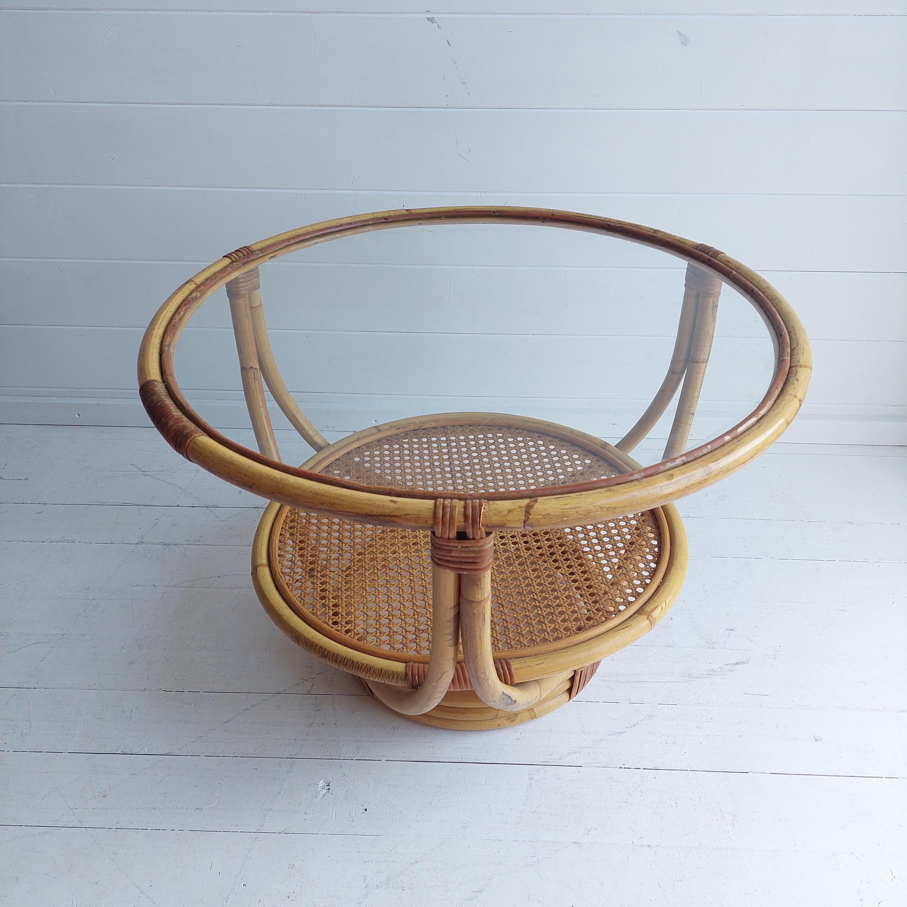 European Mid Century Round Bamboo Coffee Table Glass Top and Rattan Cane Undershelf 60s