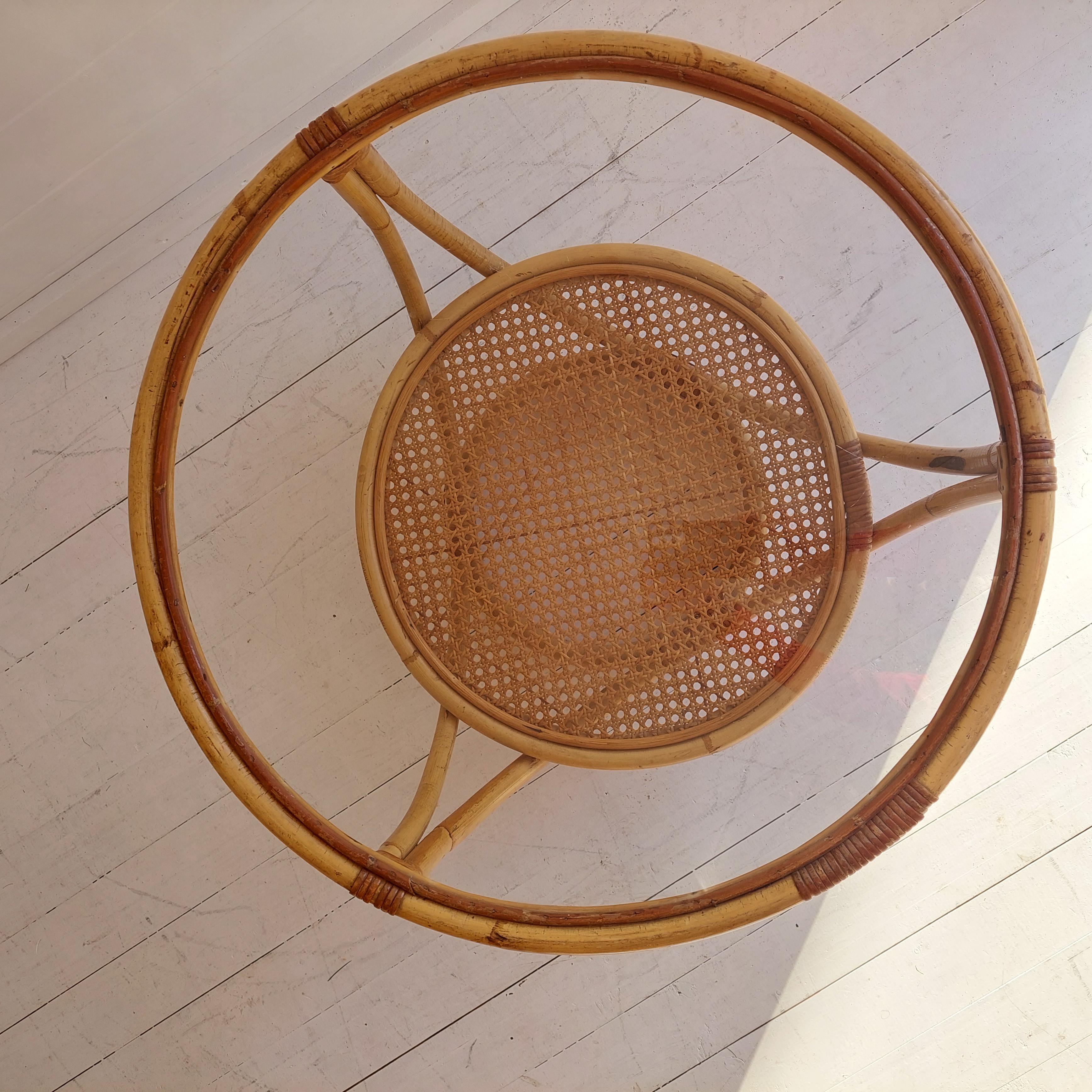 Mid Century Round Bamboo Coffee Table Glass Top and Rattan Cane Undershelf 60s In Good Condition In Leamington Spa, GB