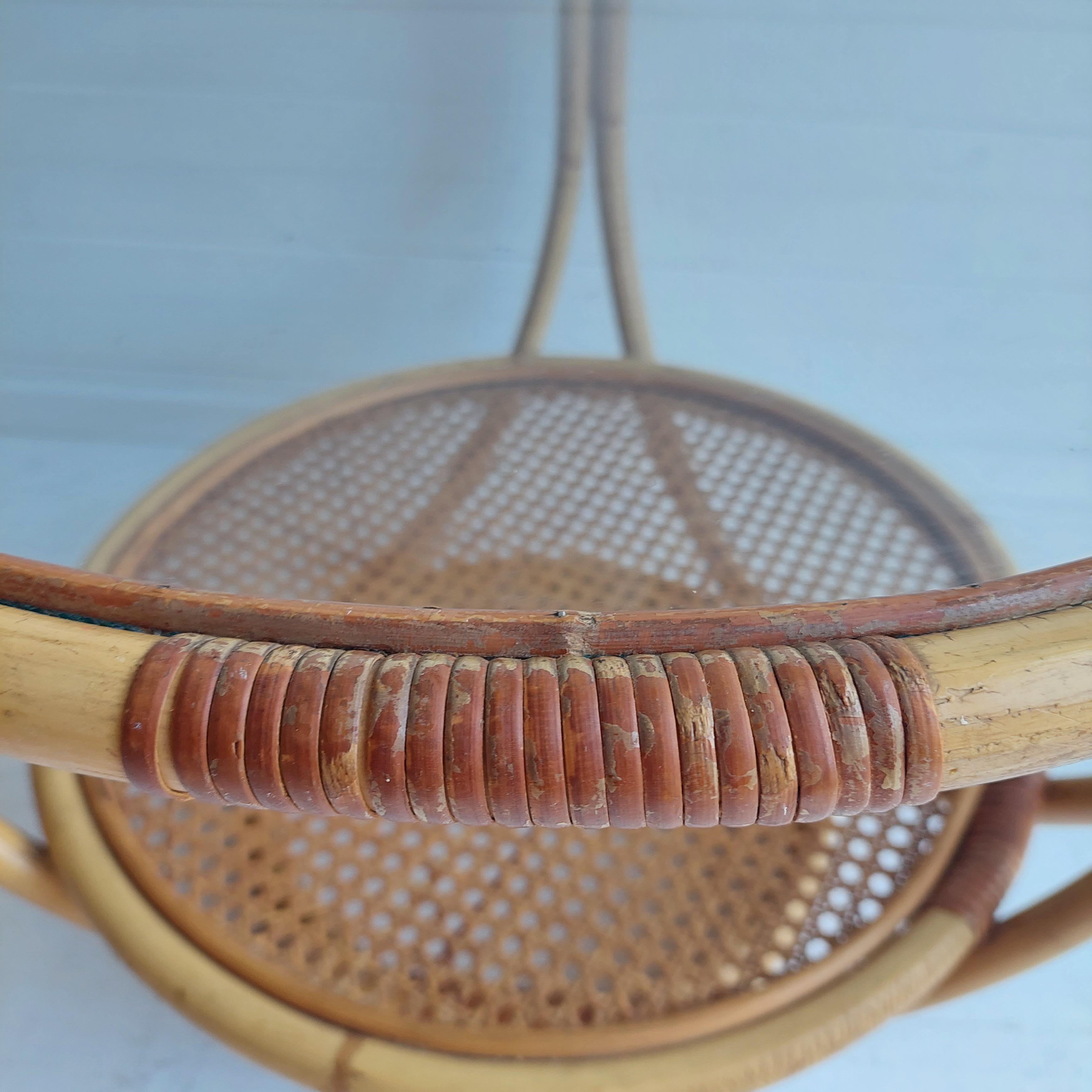 Mid Century Round Bamboo Coffee Table Glass Top and Rattan Cane Undershelf 60s 1