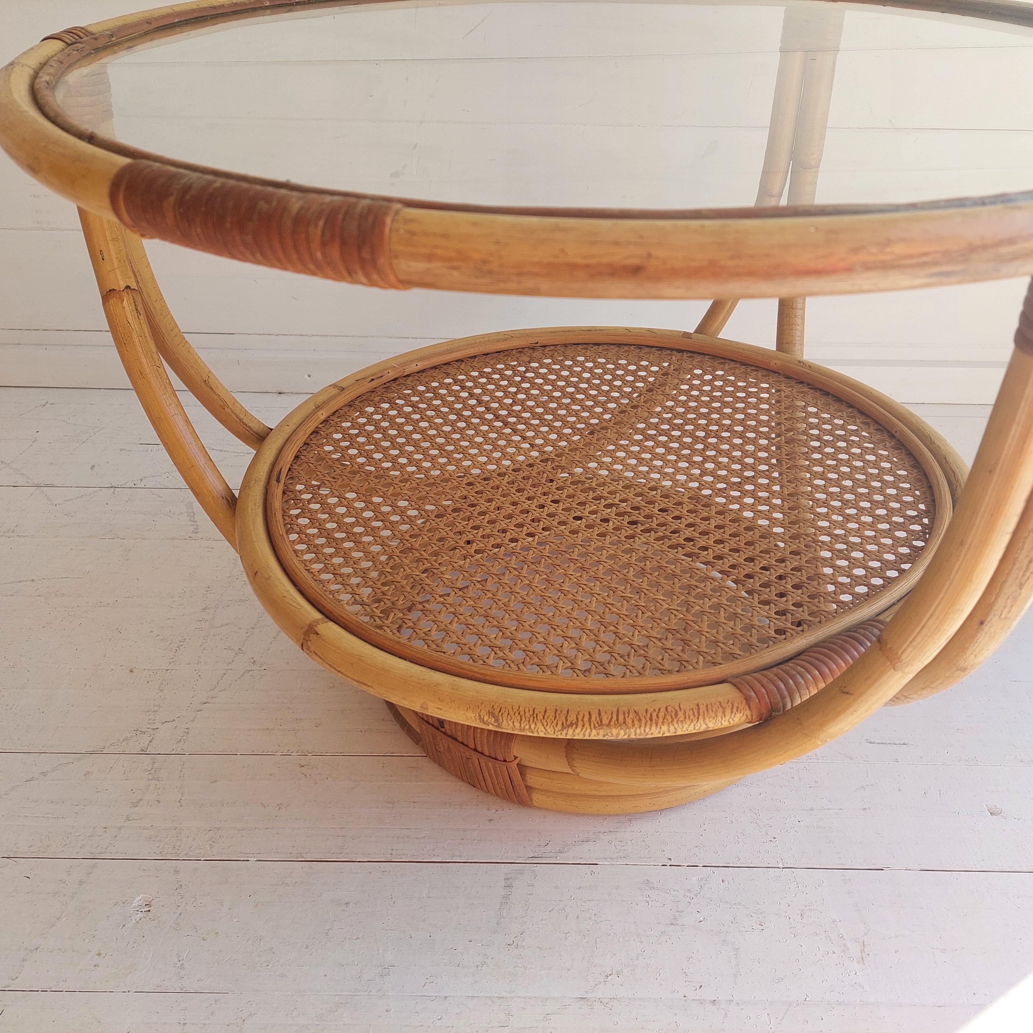Mid Century Round Bamboo Coffee Table Glass Top and Rattan Cane Undershelf 60s 3