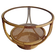 Mid Century Round Bamboo Coffee Table Glass Top and Rattan Cane Undershelf 60s