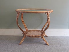 Mid Century Round Bamboo Coffee Table with Bubble Glass Top