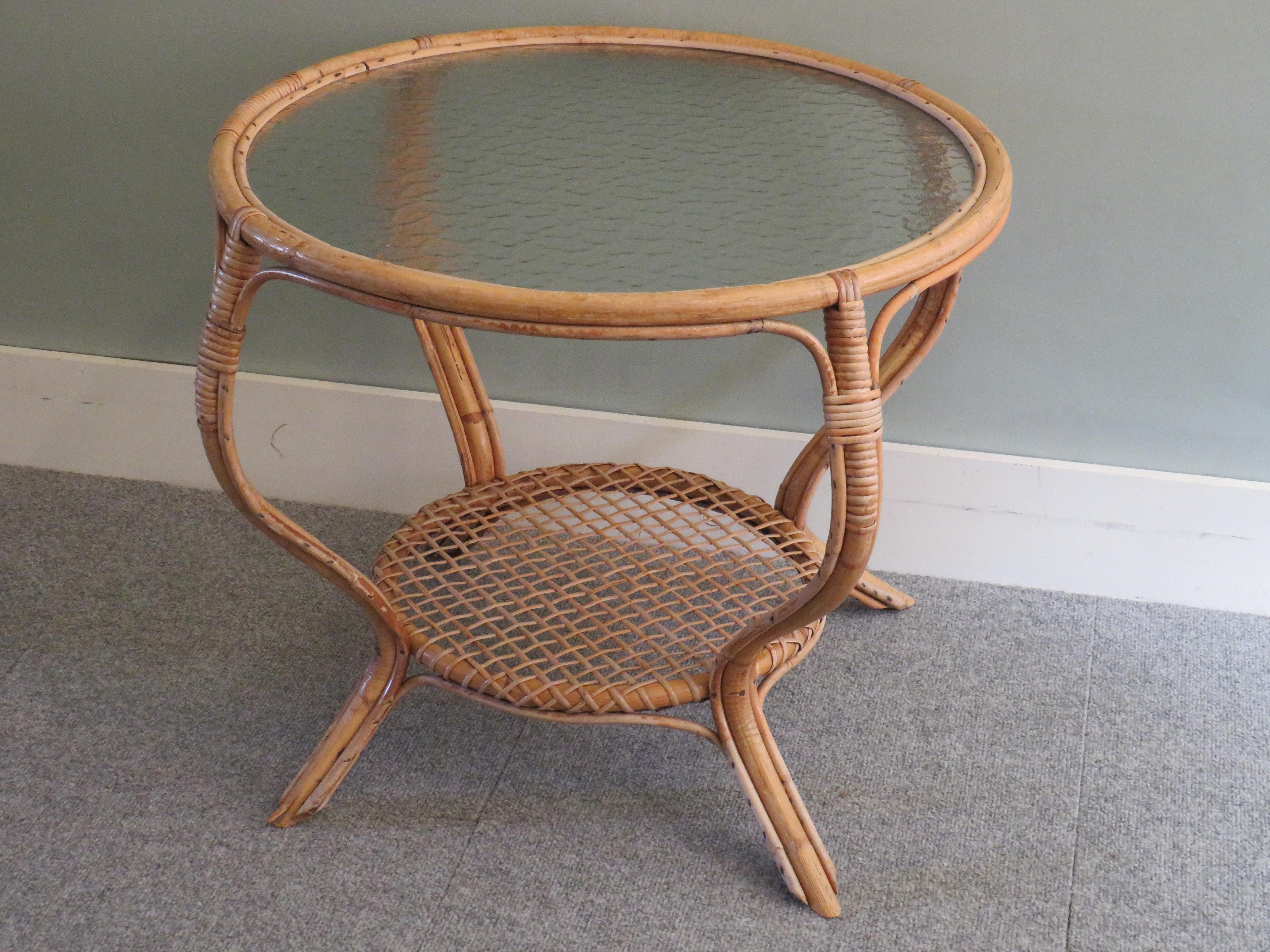 French Mid Century Round Bamboo Coffee Table with Bubble Glass Top