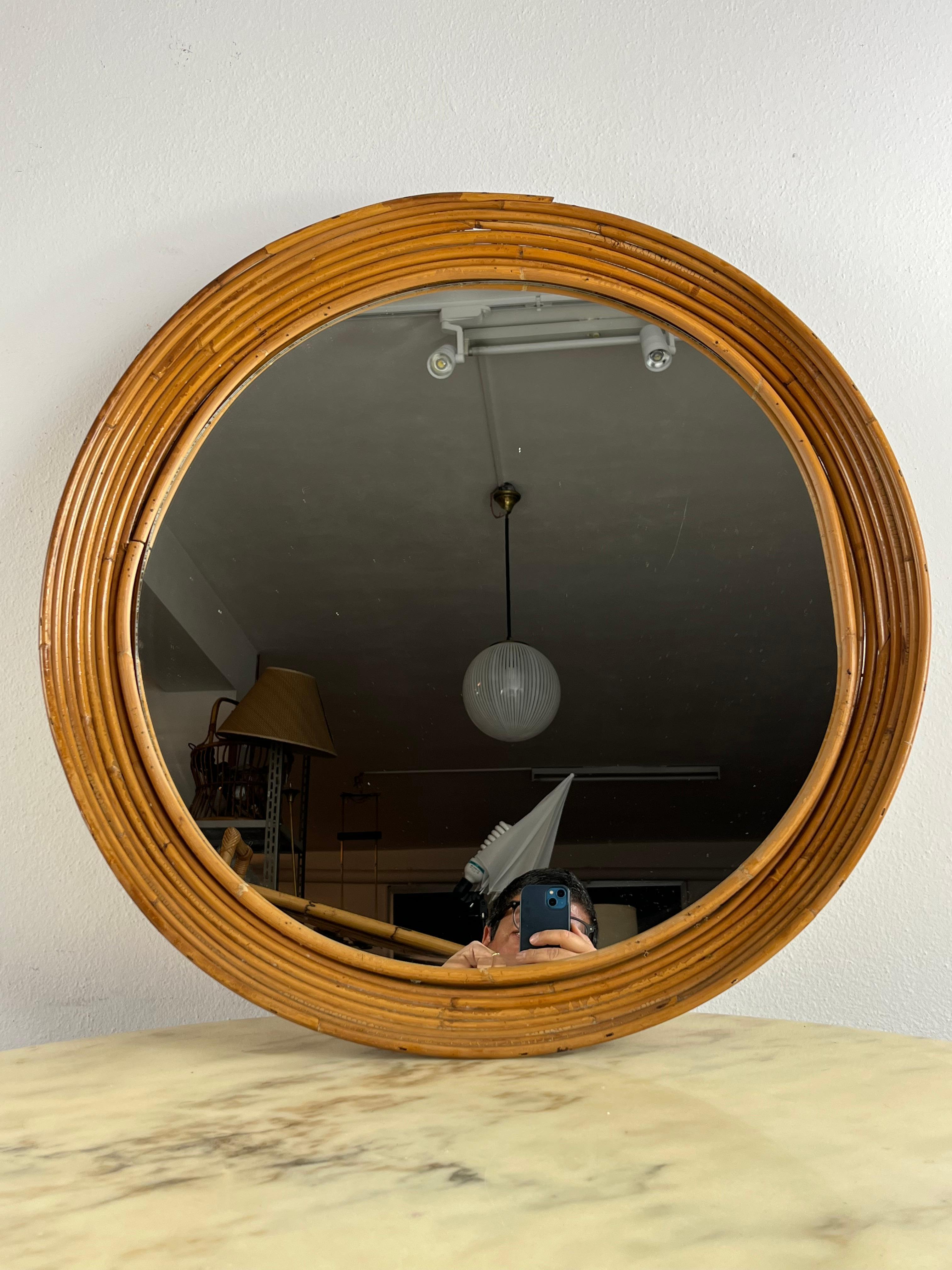 Italian Mid-Century Round Bamboo Mirror Attributed to Vittorio Bonacina 1960s For Sale