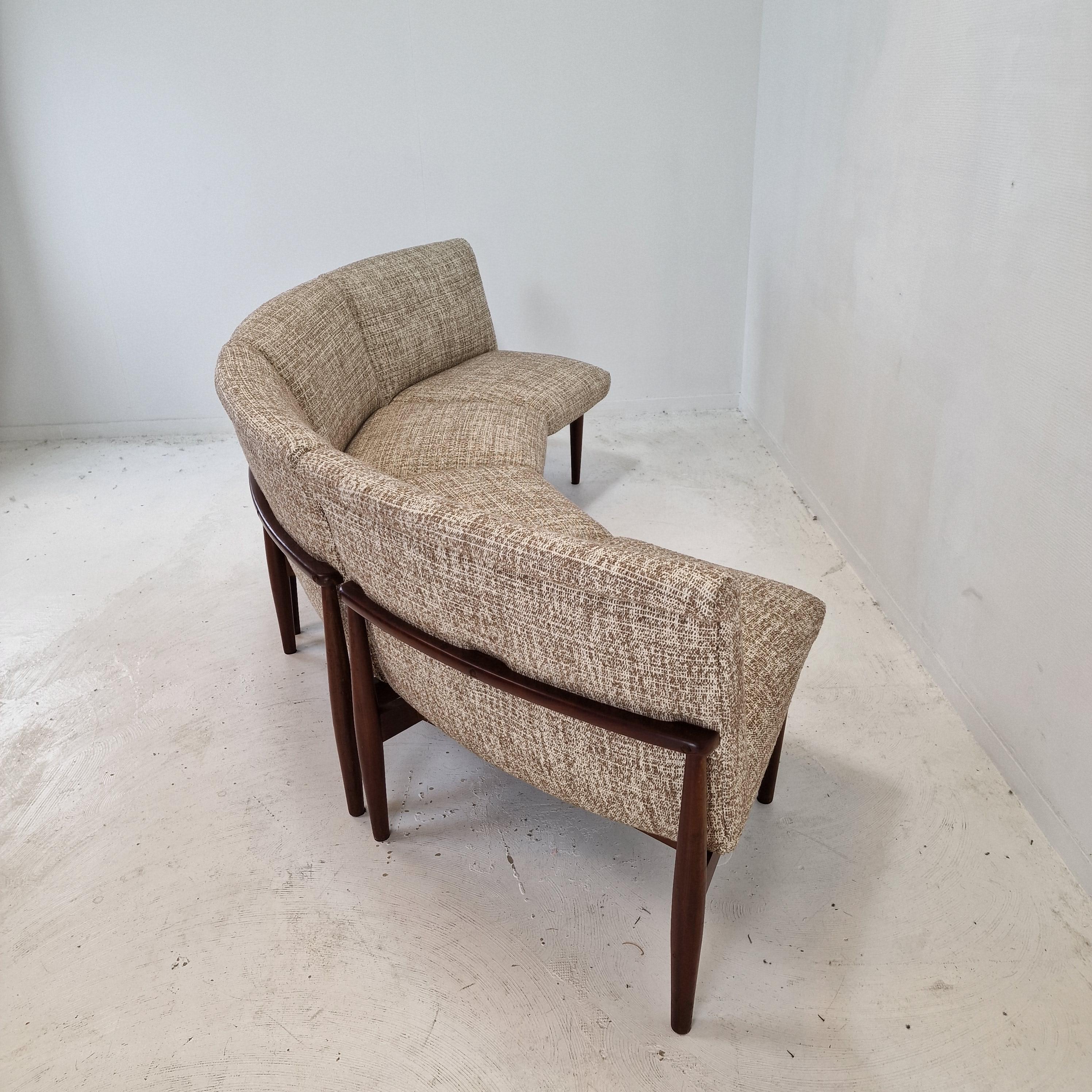 Fabric Midcentury Round Bench of 4 Teak Chairs, Denmark, 1960s For Sale