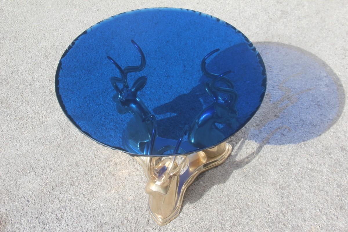 Midcentury Round Blue Cobalt Italian Brass Deer Top Thick Crystal 1960 Chipped For Sale 5