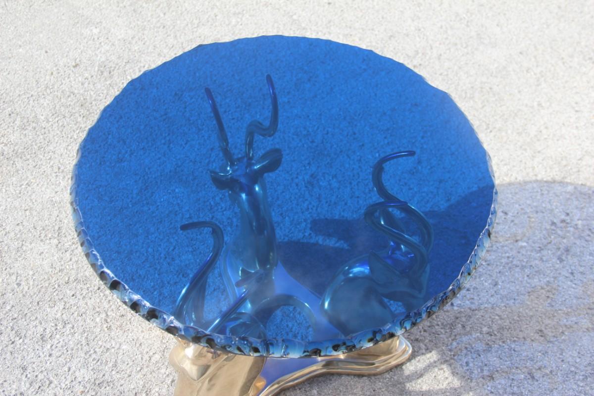 Midcentury Round Blue Cobalt Italian Brass Deer Top Thick Crystal 1960 Chipped For Sale 12