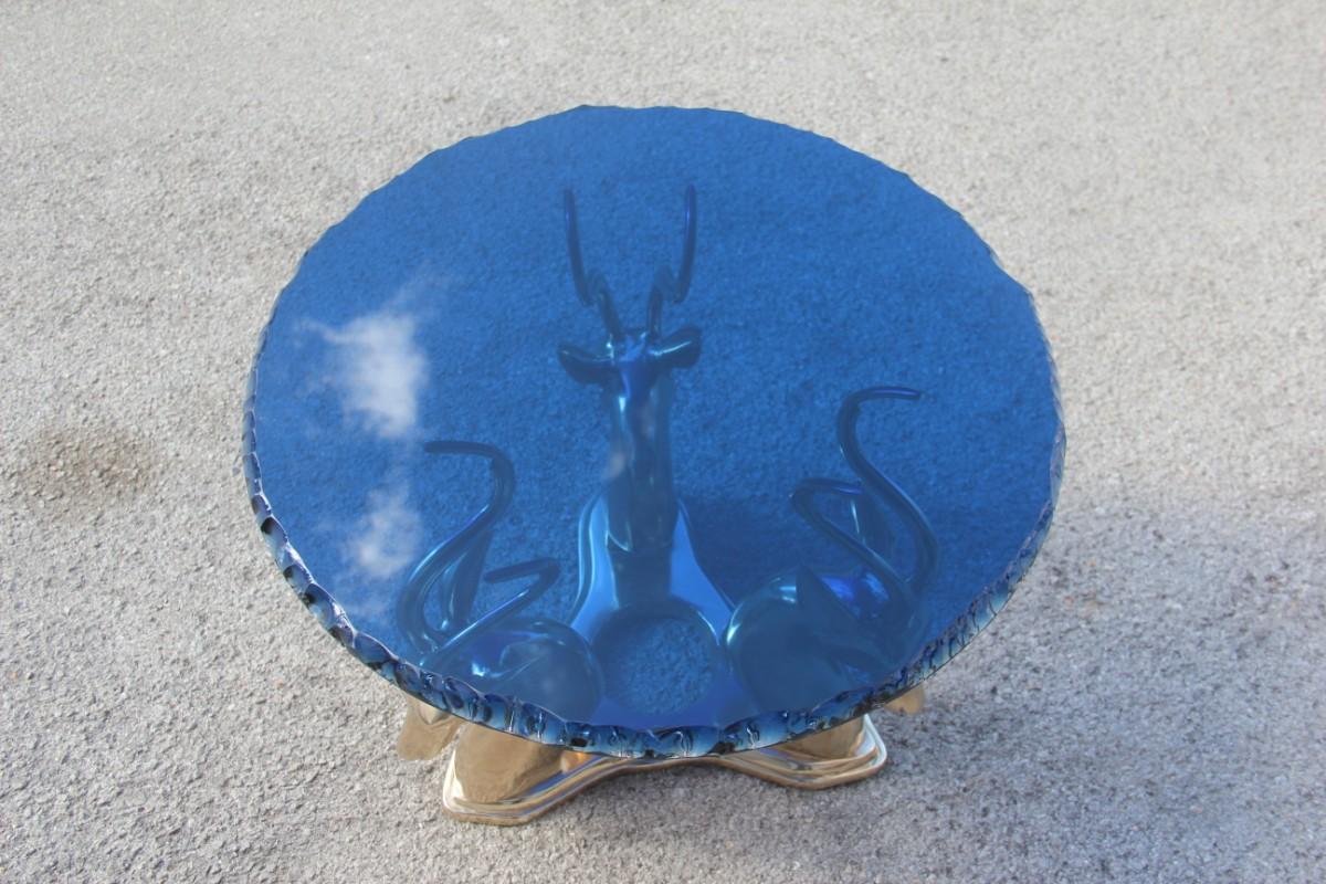 Midcentury round blue cobalt Italian brass design deer top thick crystal 1960 chipped.