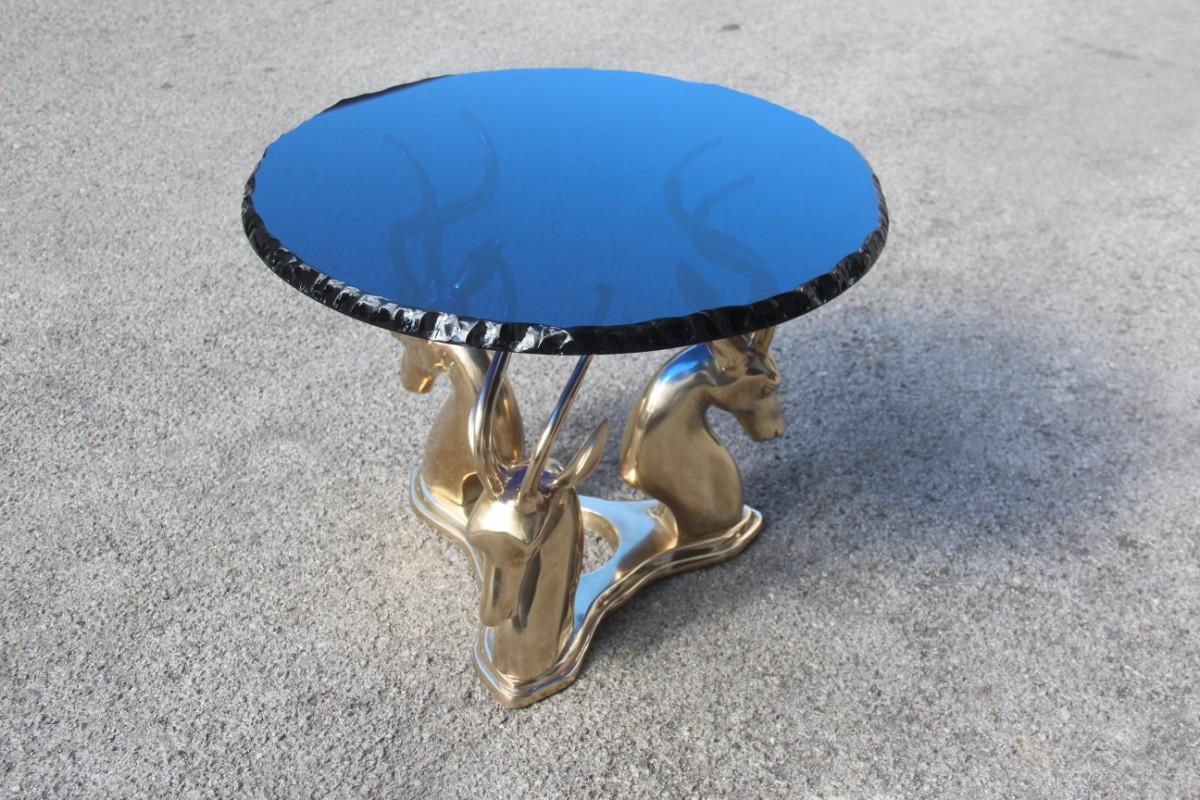 Mid-Century Modern Midcentury Round Blue Cobalt Italian Brass Deer Top Thick Crystal 1960 Chipped For Sale