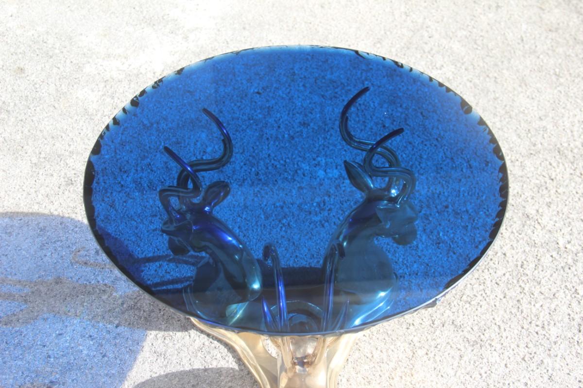 Mid-20th Century Midcentury Round Blue Cobalt Italian Brass Deer Top Thick Crystal 1960 Chipped For Sale