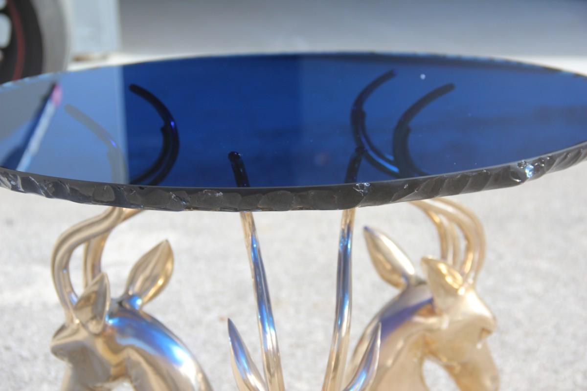 Midcentury Round Blue Cobalt Italian Brass Deer Top Thick Crystal 1960 Chipped For Sale 2