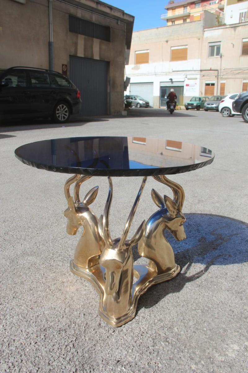 Midcentury Round Blue Cobalt Italian Brass Deer Top Thick Crystal 1960 Chipped For Sale 3