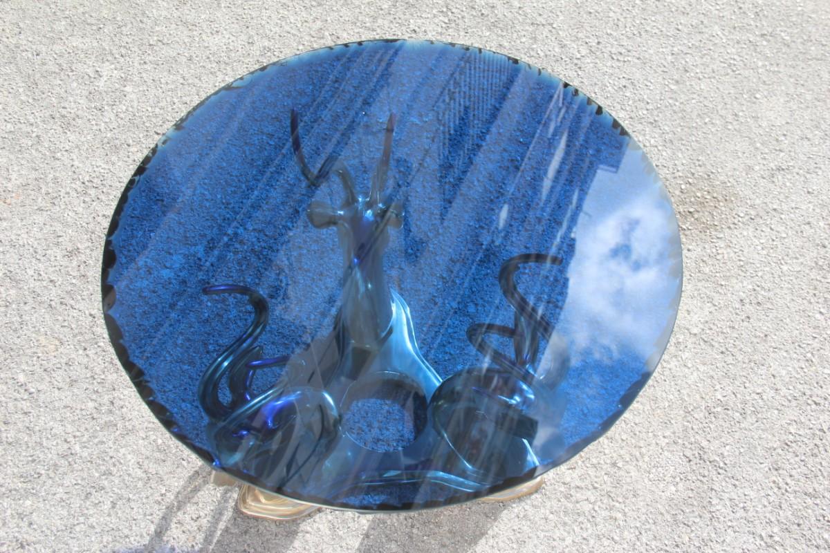 Midcentury Round Blue Cobalt Italian Brass Deer Top Thick Crystal 1960 Chipped For Sale 4