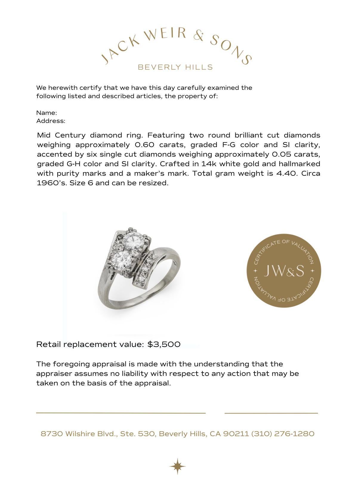 Anello bypass in oro bianco 14k con diamante taglio brillante rotondo del Mid Century in vendita 1