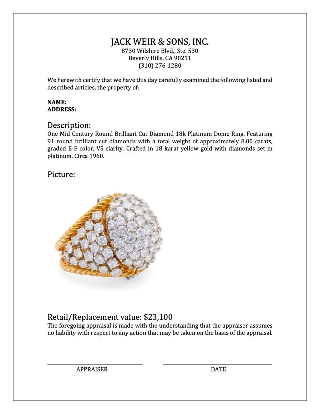 Mid Century Round Brilliant Cut Diamond 18k Platinum Dome Ring For Sale 3