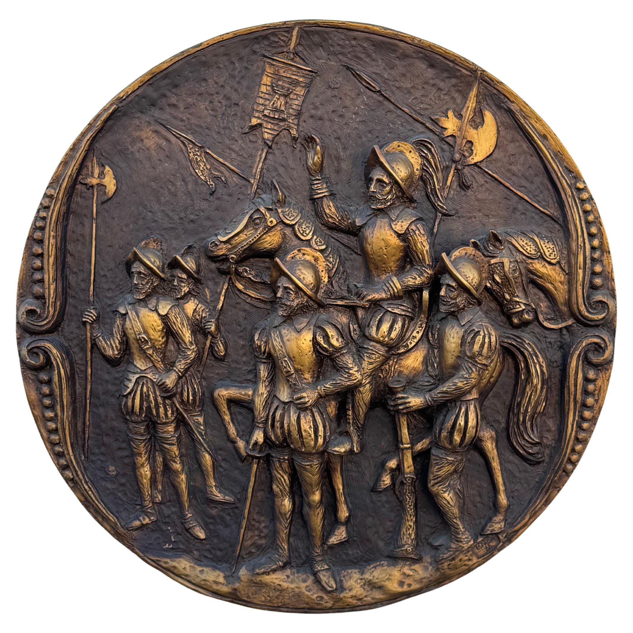 Mid-Century Round Brutalist Fiberglass Wall Sculpture Spanish Conquistadors en vente