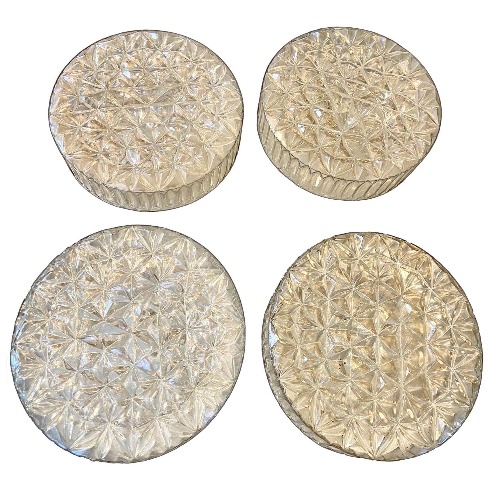 Mid-Century Round Clear cut Glass Sconces Flush Mounts , Germany 1960