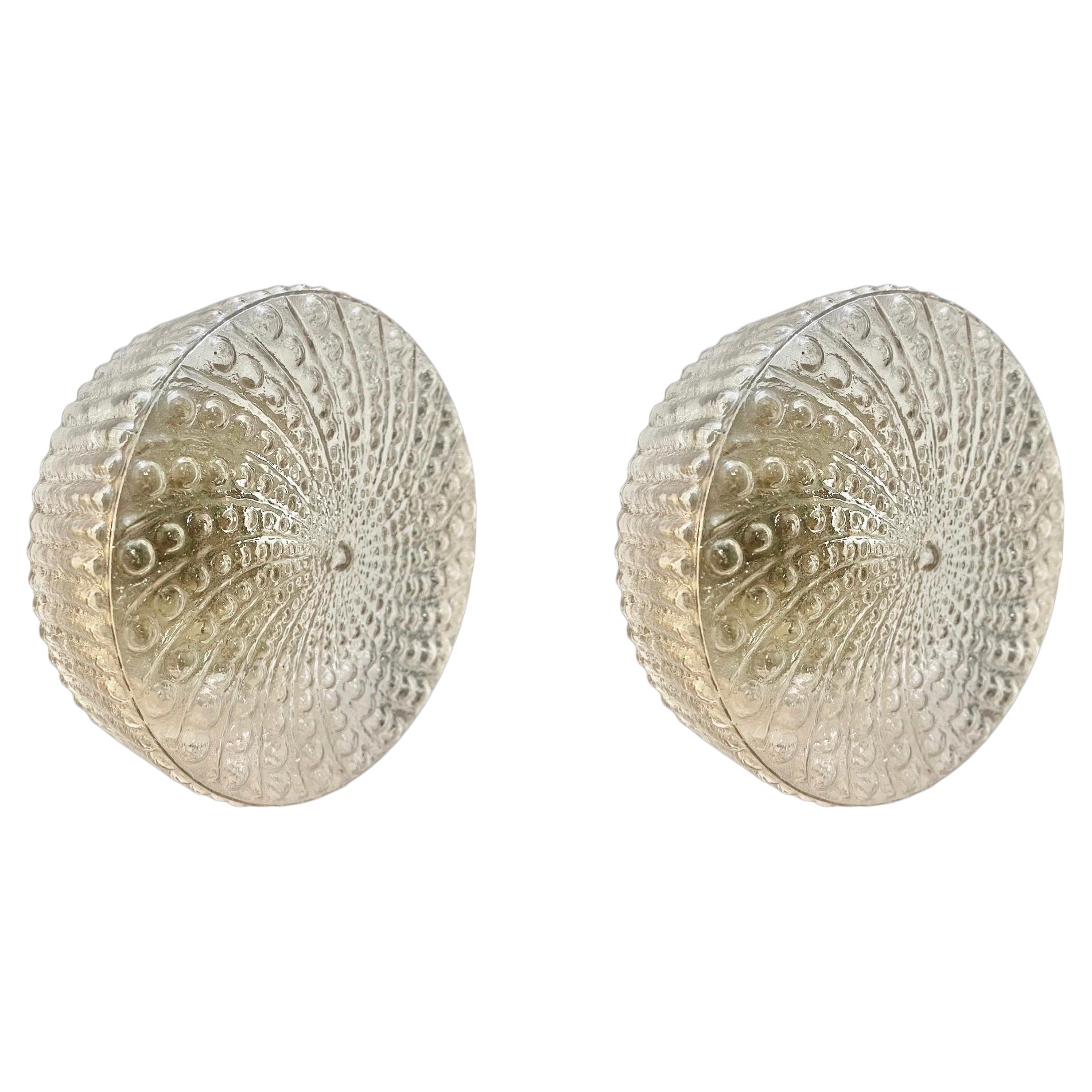 Mid-Century Round Clear cut Glass Sconces Flush Mounts PAIR , Germany 1960