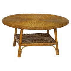 Vintage Mid-Century Round Coffee or Low Table of Wicker and Rattan from Italy