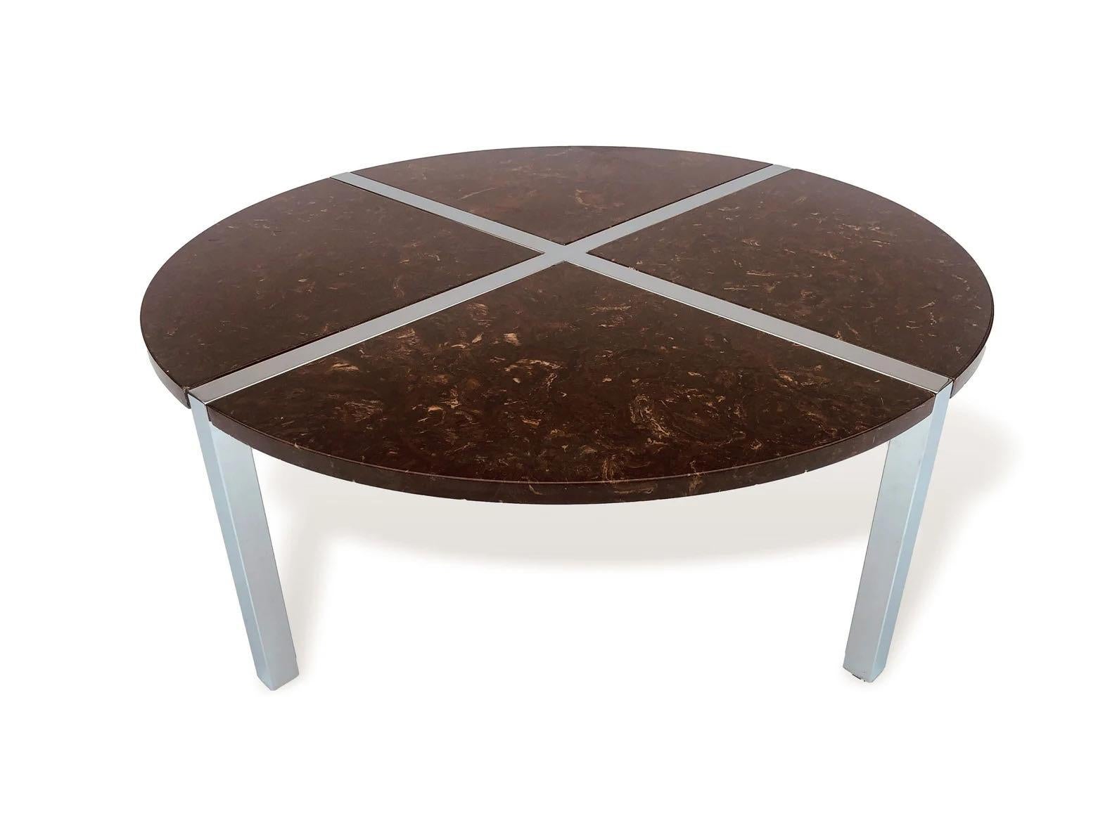 Mid Century Round Coffee Table in Chrome and Marble Baughman Style In Good Condition For Sale In Detroit, MI