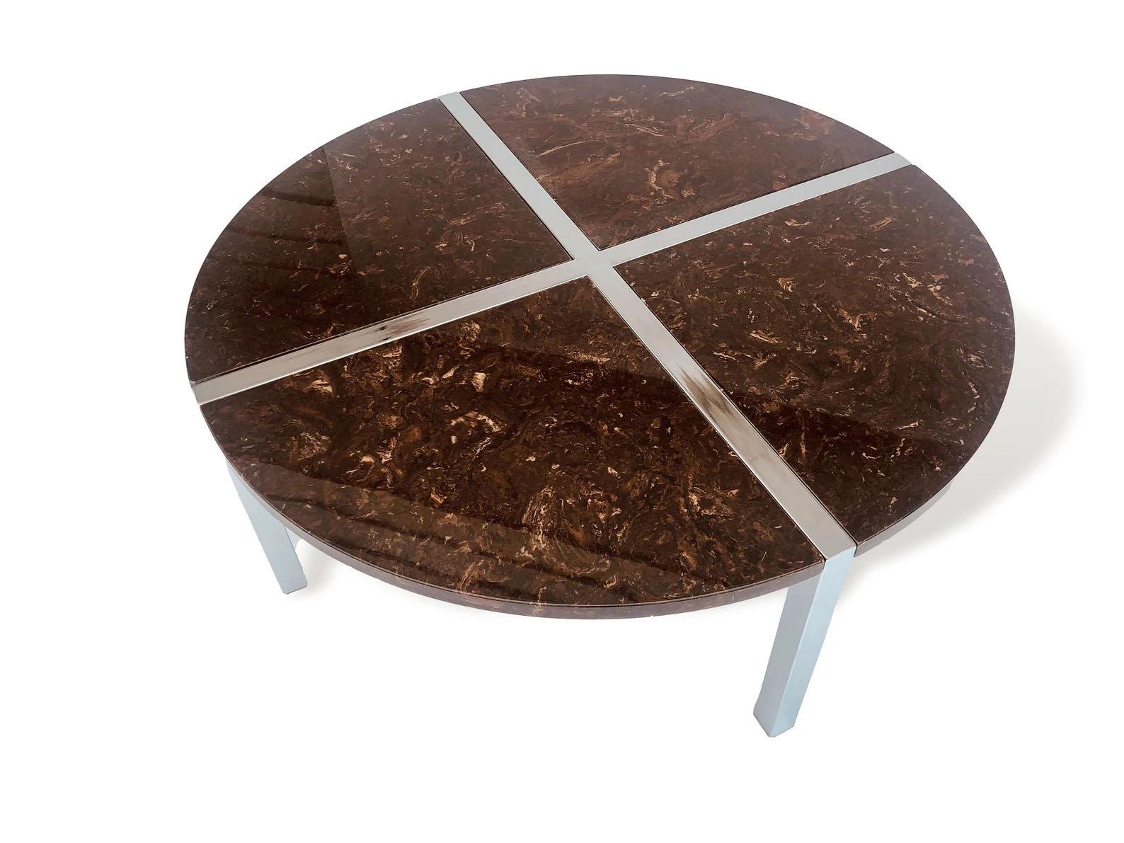 20th Century Mid Century Round Coffee Table in Chrome and Marble Baughman Style For Sale